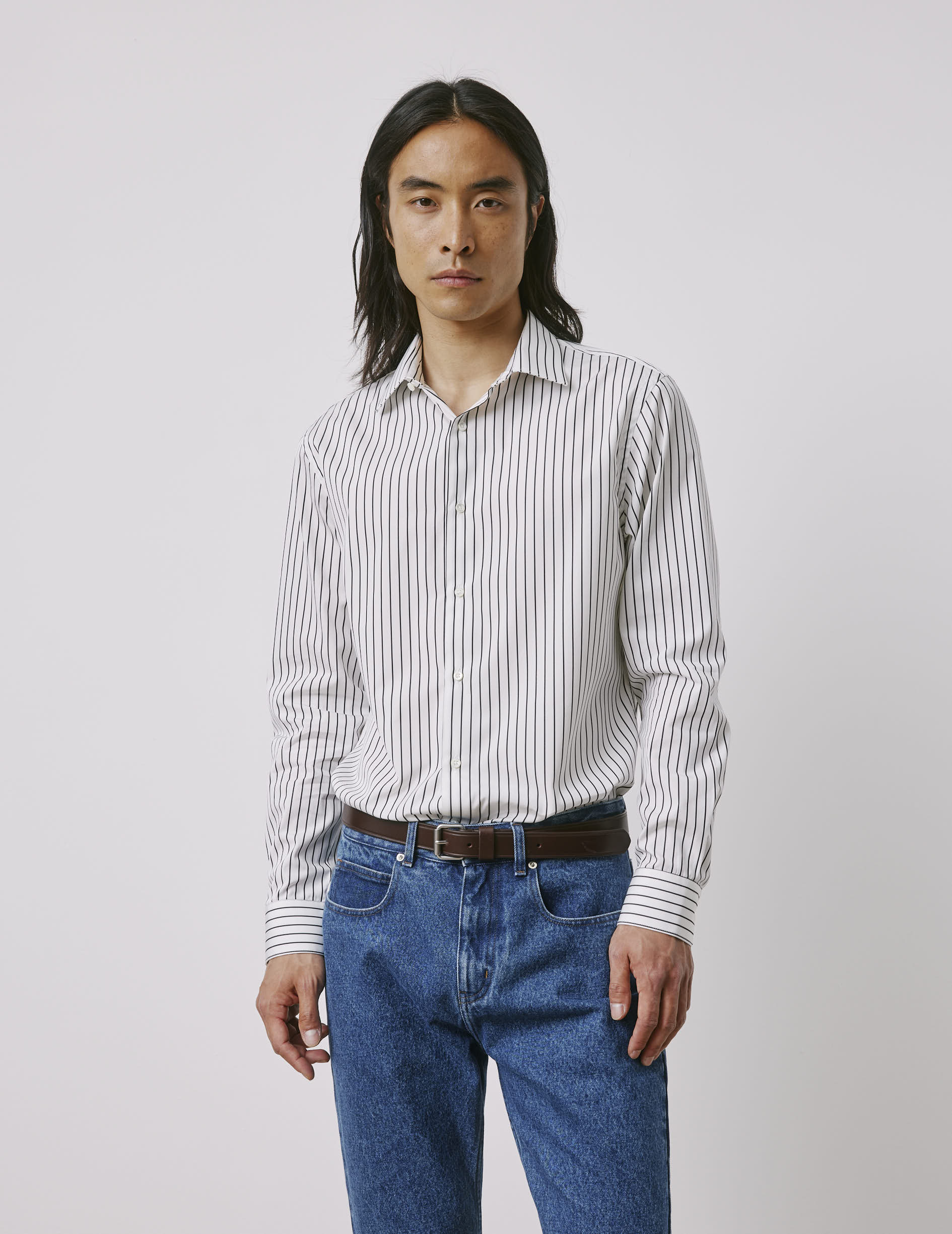 Semi-fitted black striped shirt - Poplin - Figaret Collar