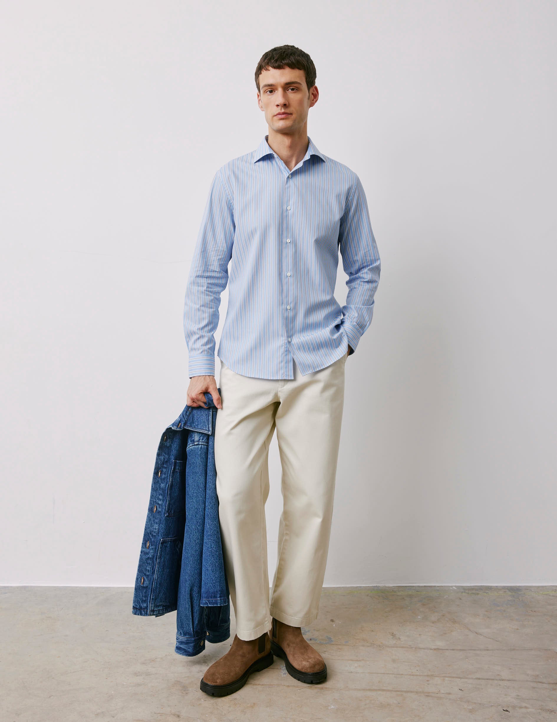 Semi-fitted blue striped shirt - Twill - Italian Collar