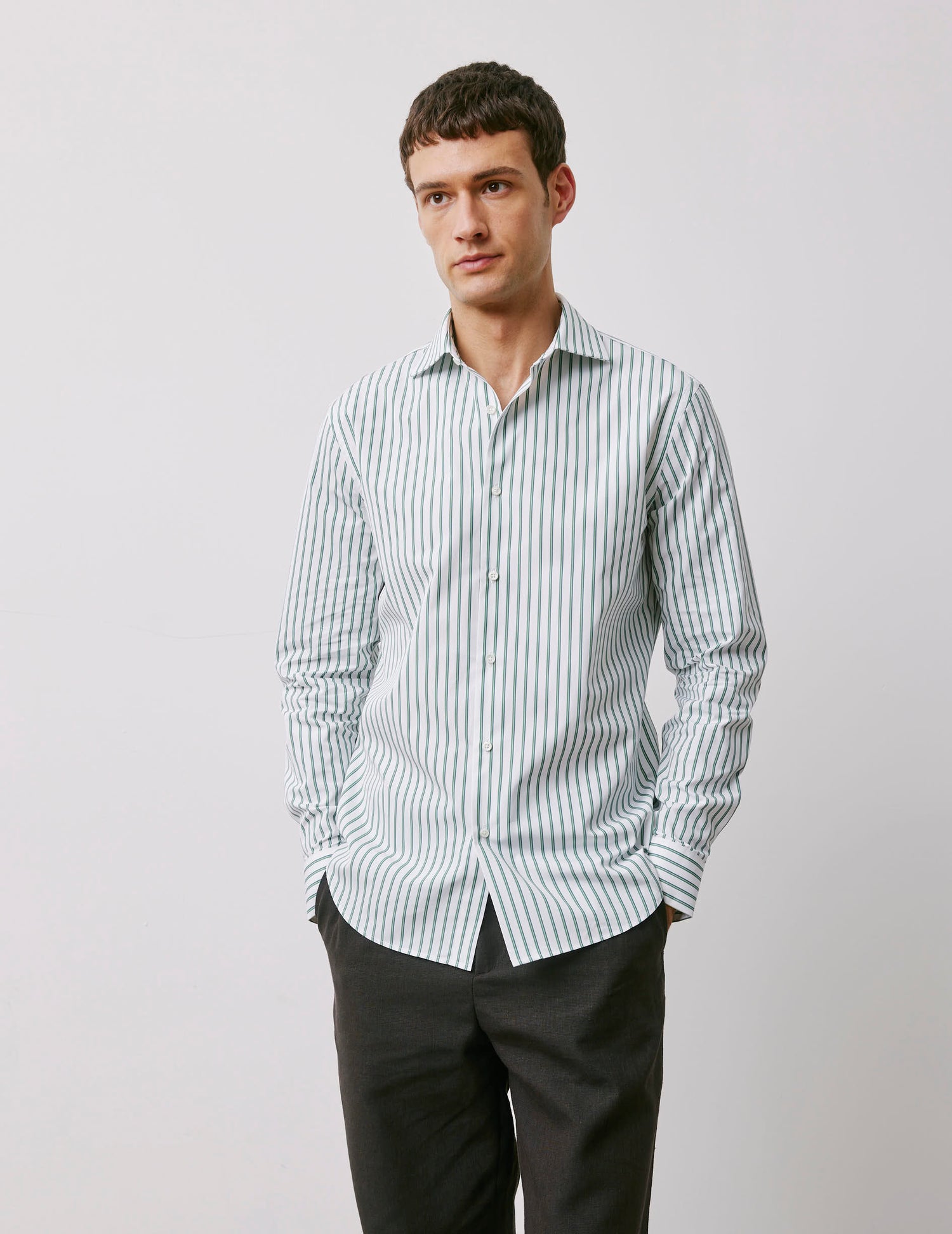 Semi-fitted green striped shirt - Poplin - Italian Collar#3