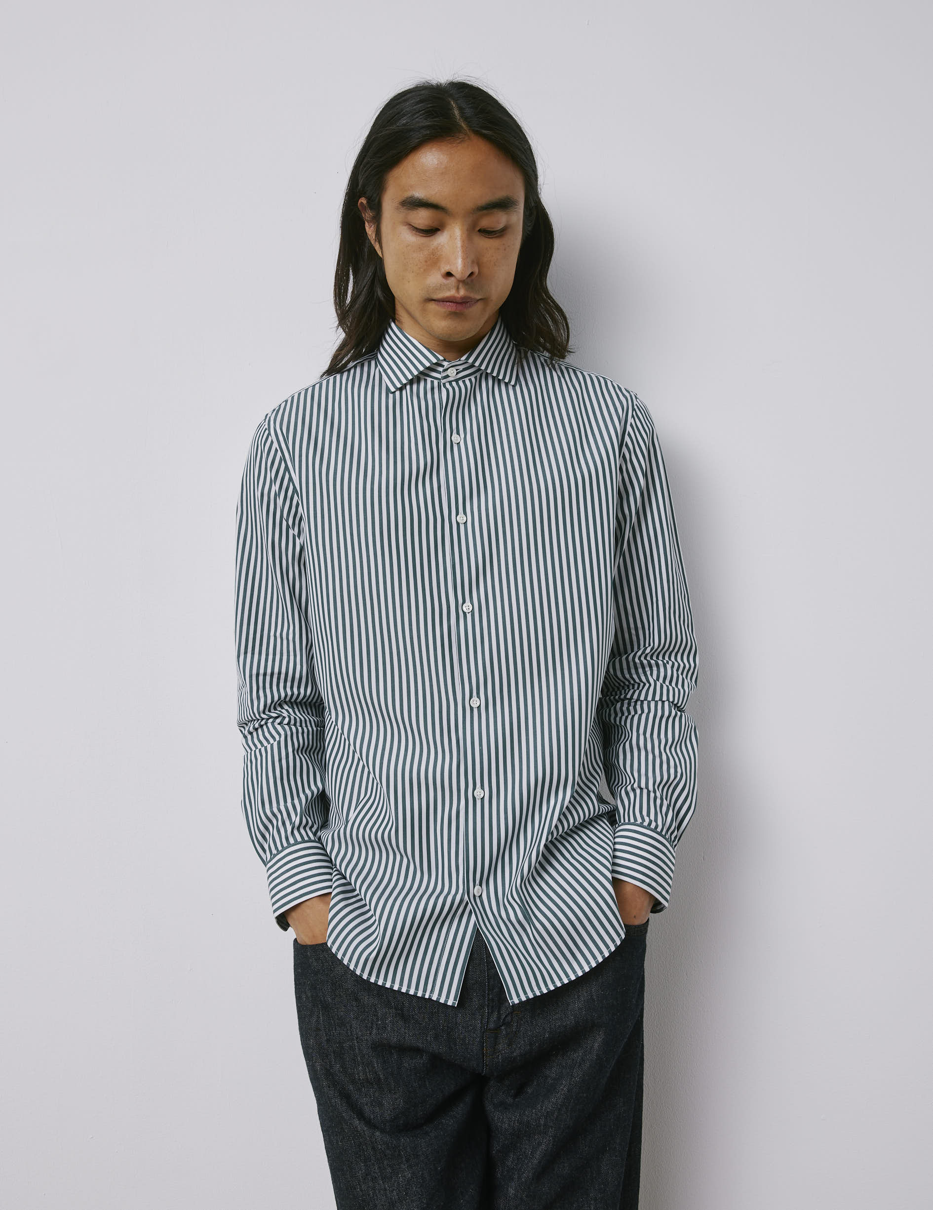 Green semi-fitted striped shirt - Poplin - Italian Collar