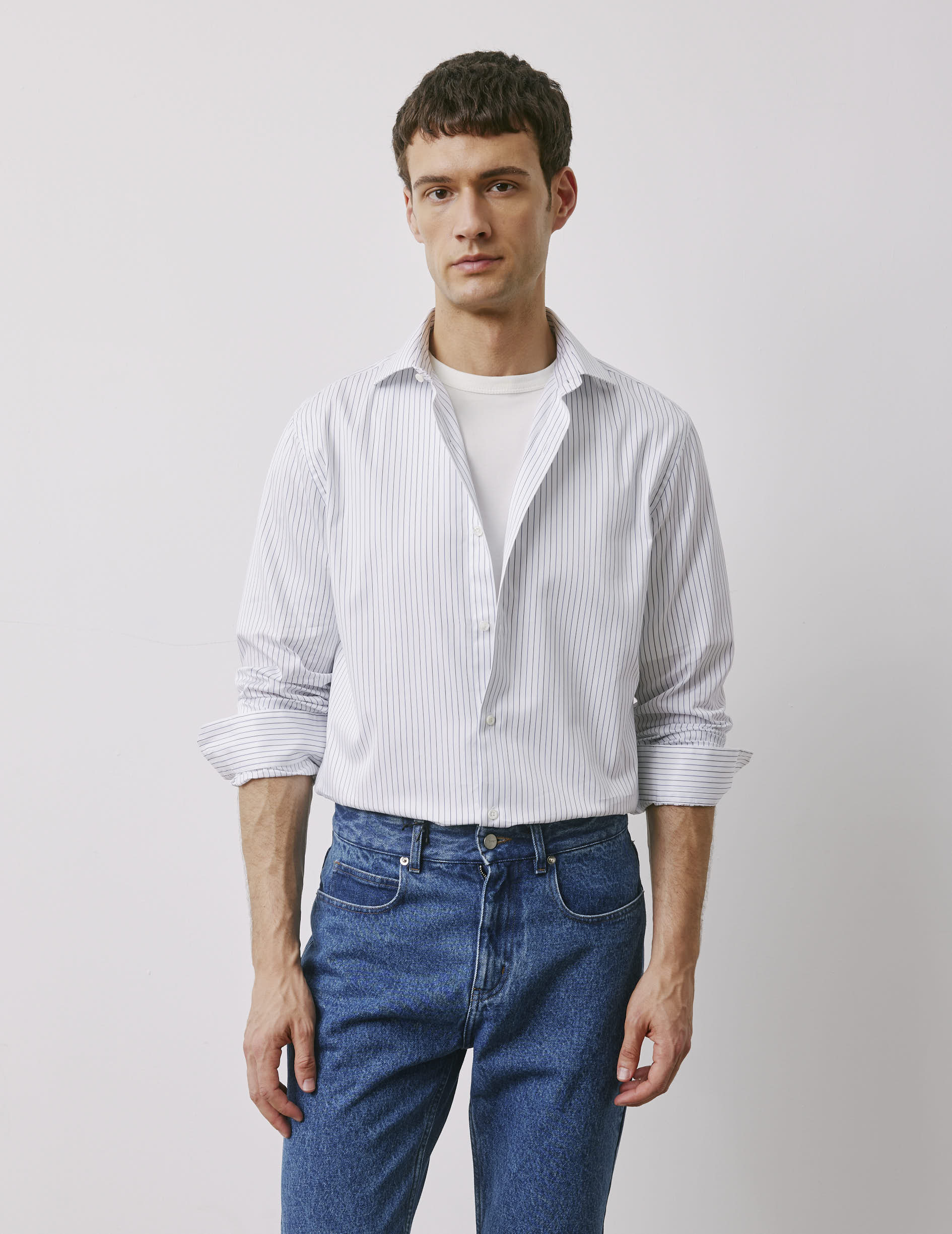 Semi-fitted navy striped shirt - Twill - Italian Collar