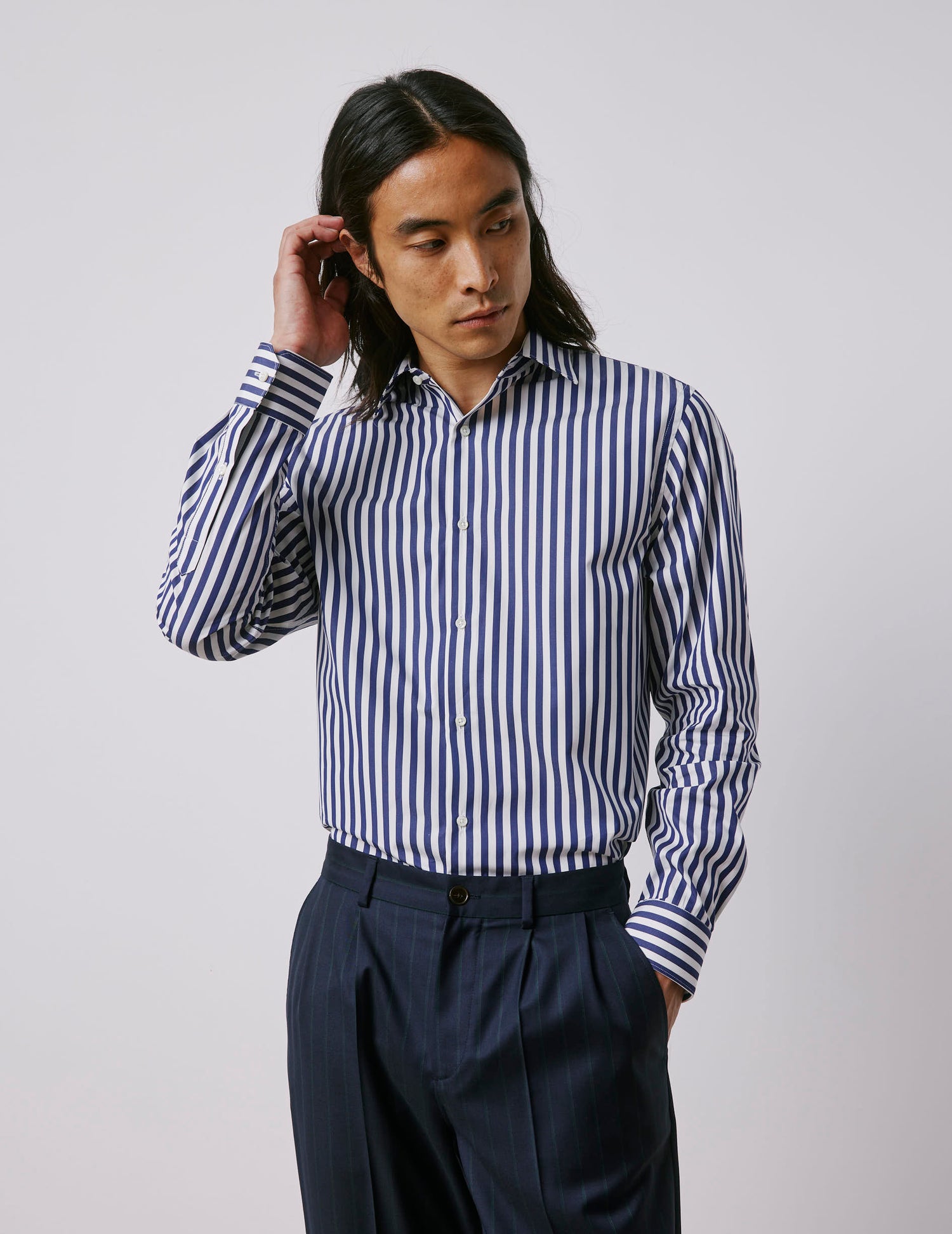 Semi-fitted navy striped shirt - Poplin - Majestic Collar#5