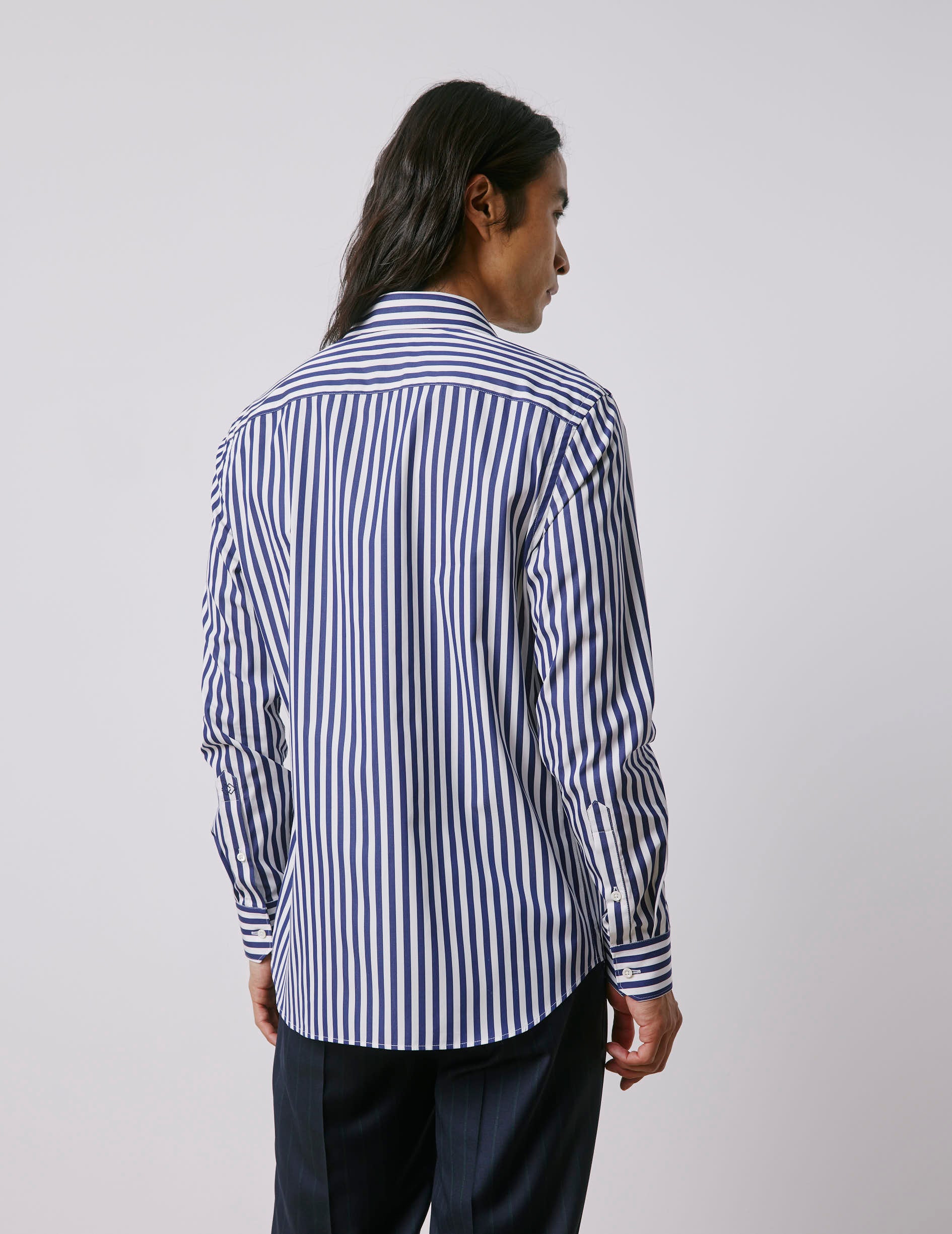Semi-fitted navy striped shirt - Poplin - Majestic Collar