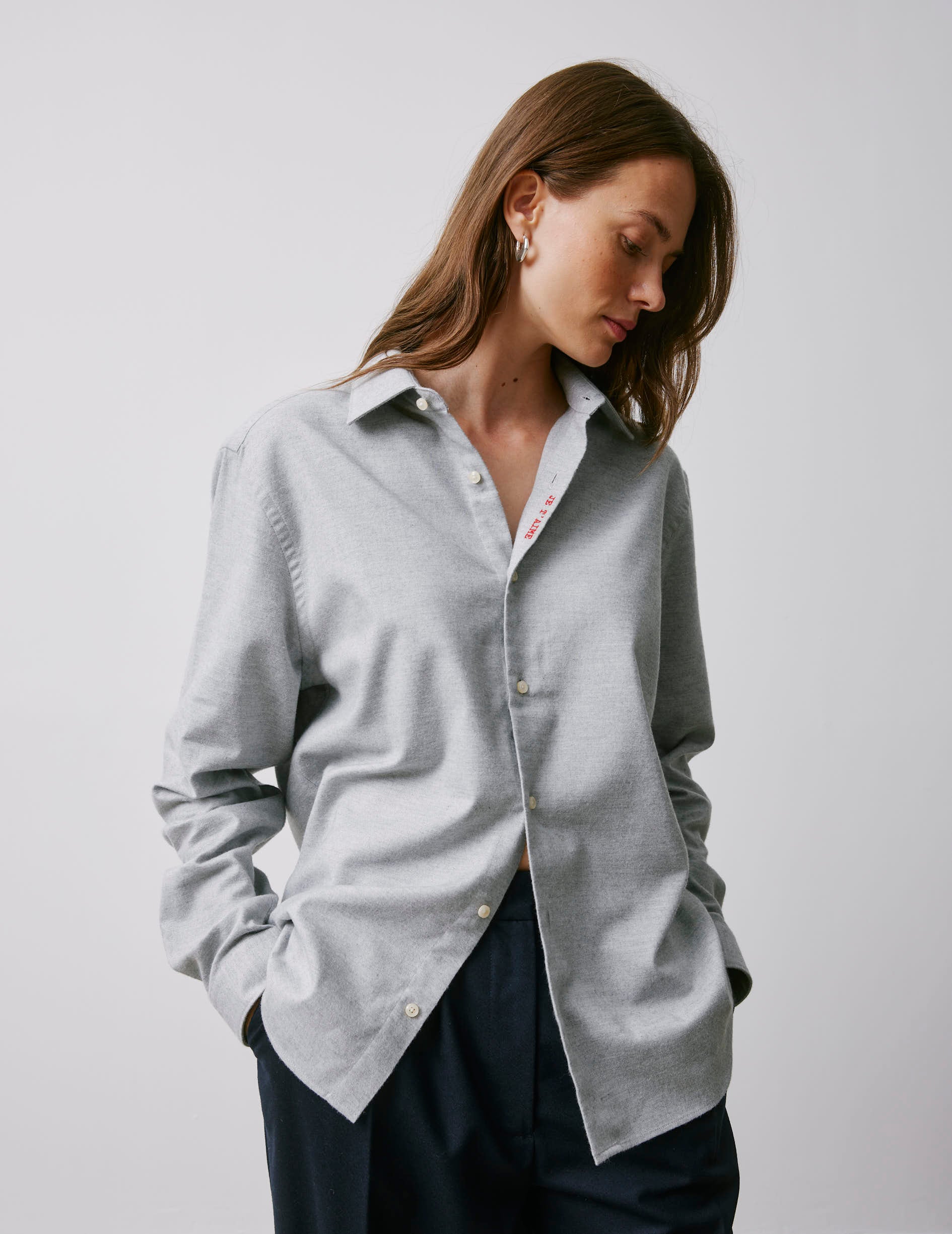 Unisex gray "Je t'aime" shirt - Flannel - Figaret Collar