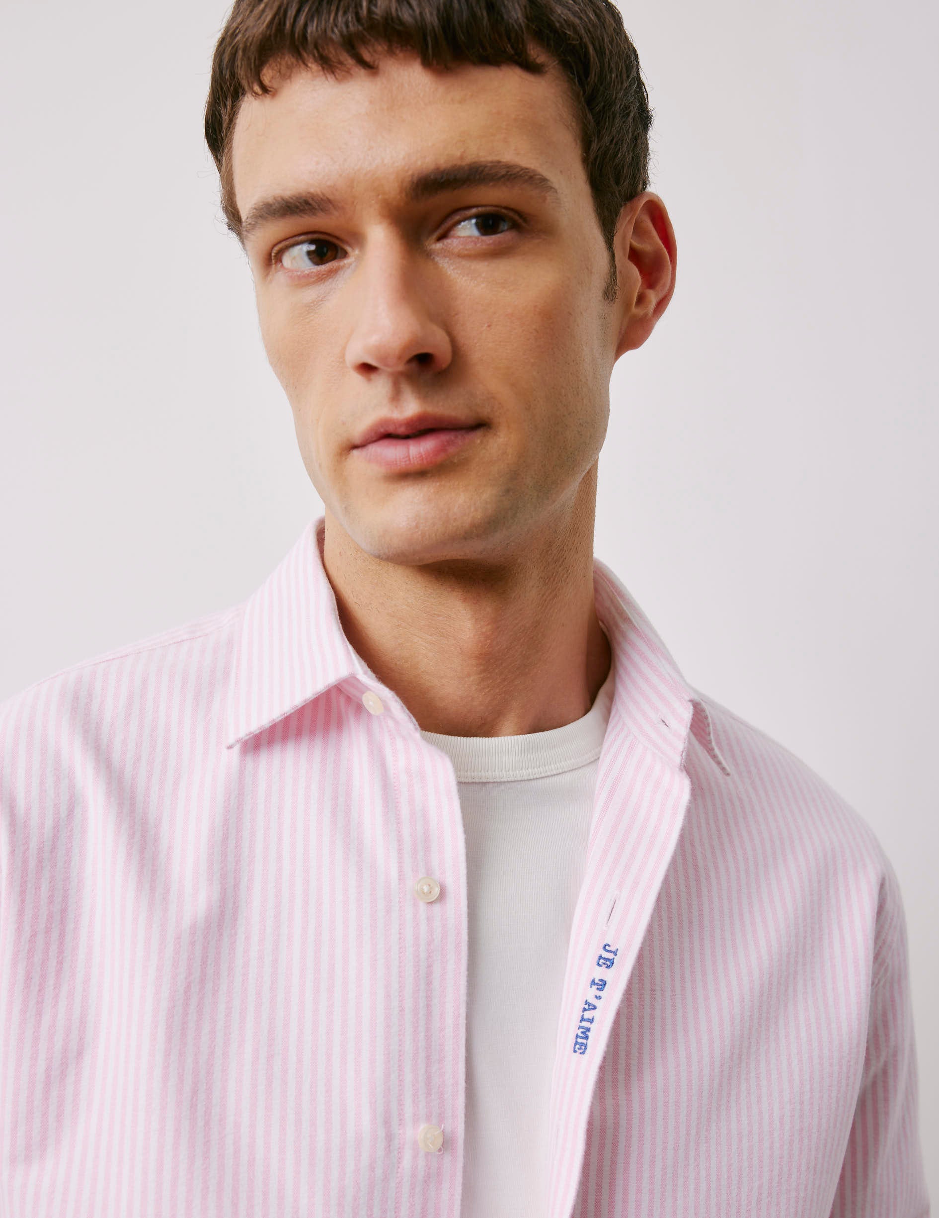 Unisex pink striped "Je t'aime" shirt - Scratch oxford - Figaret Collar