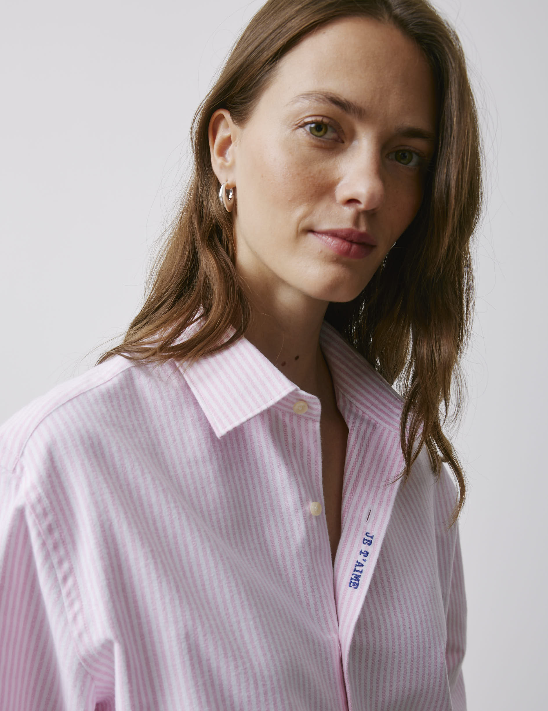 Unisex pink striped "Je t'aime" shirt - Scratch oxford - Figaret Collar