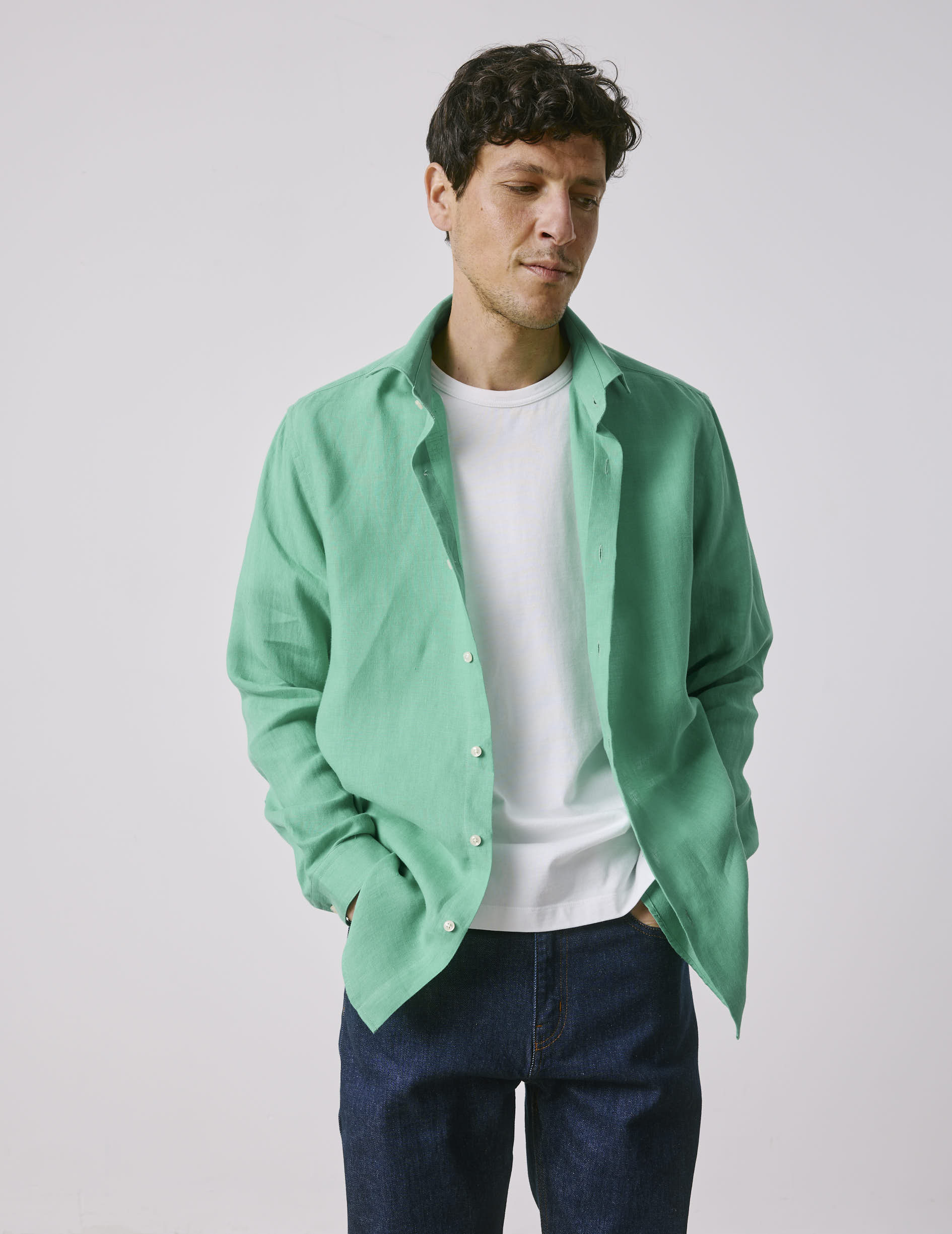 Green linen Aristote shirt - Lin - Italien Collar