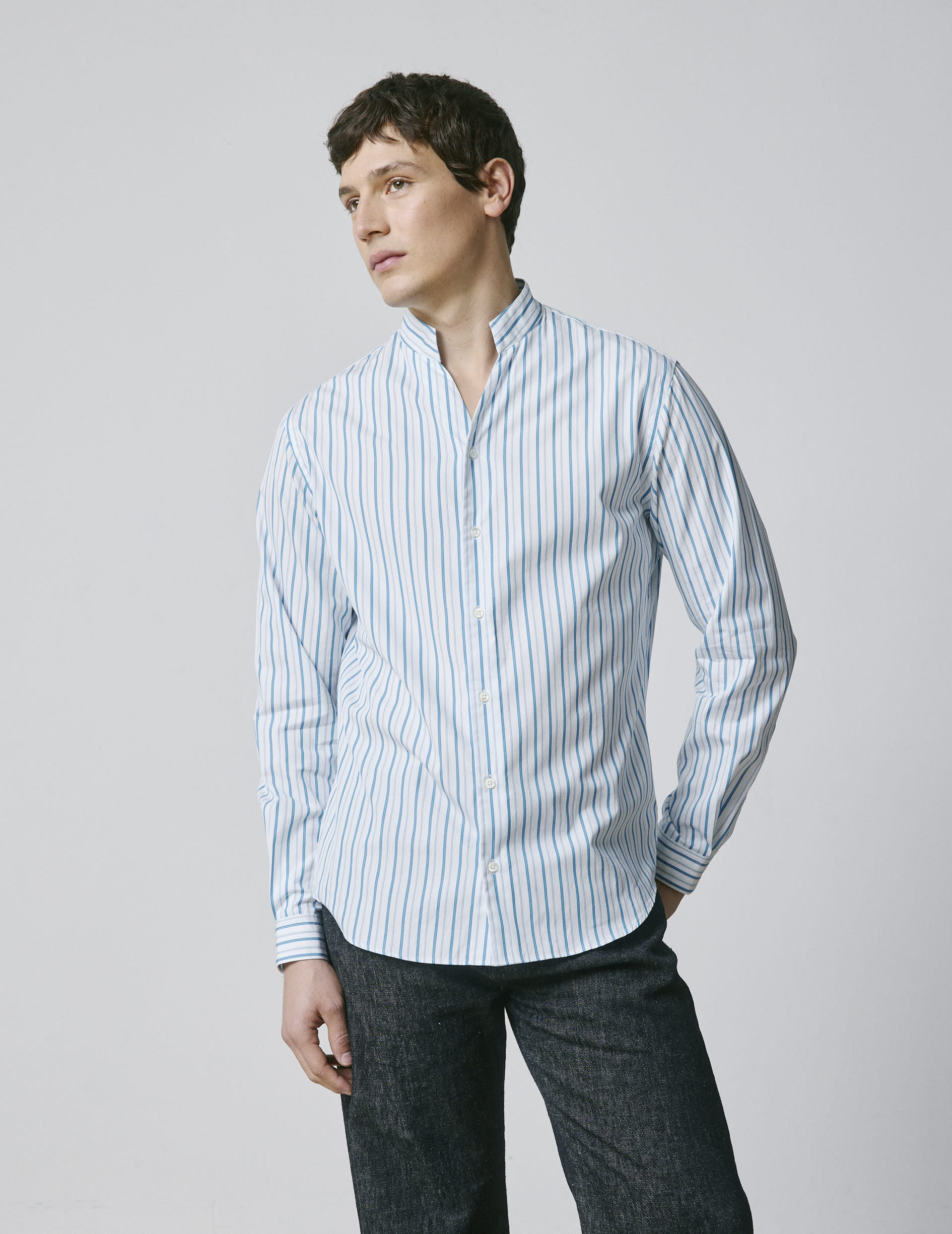 Striped blue Carl shirt - Popeline - droit ouvert Collar