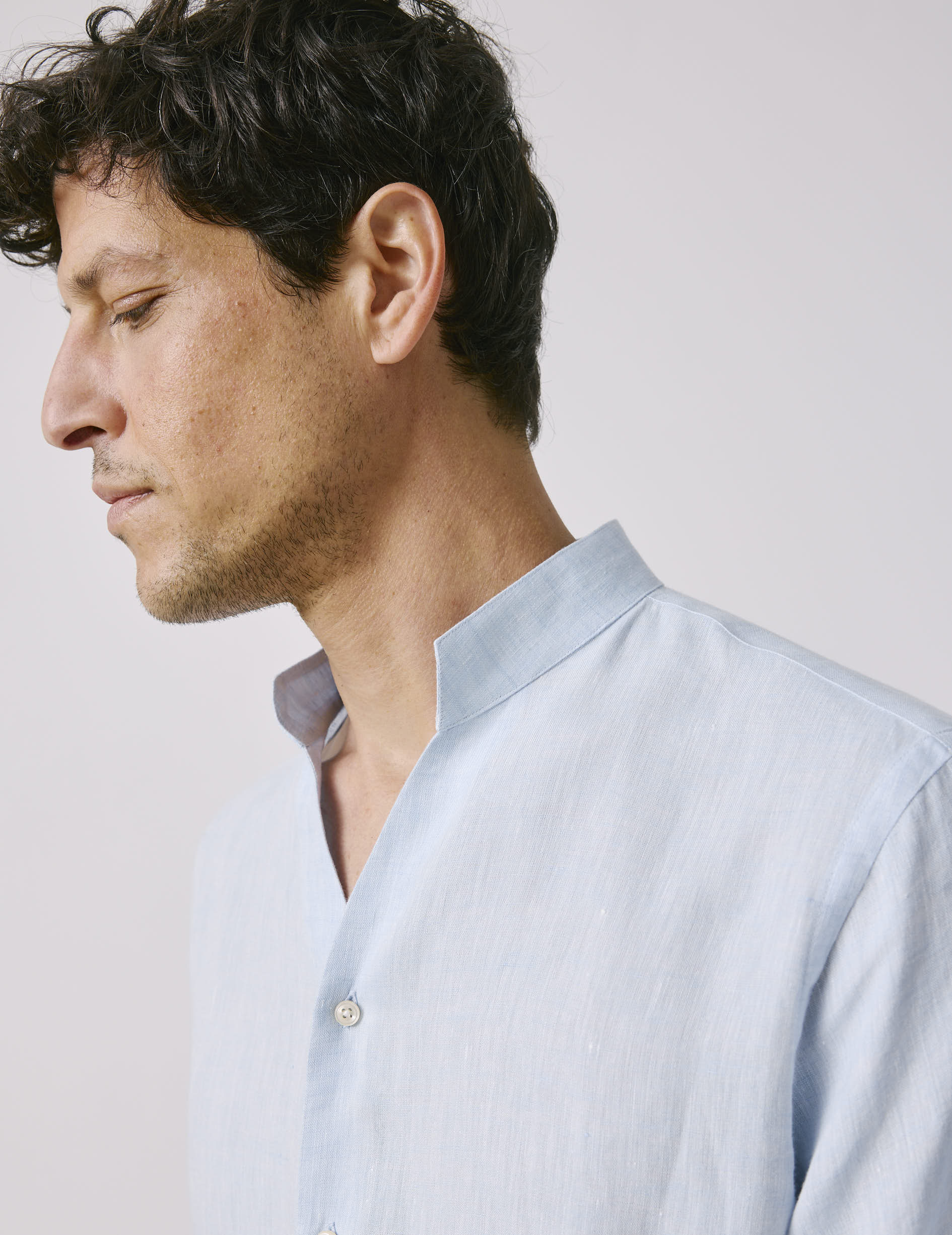 Carl light blue linen shirt - Linen - open straight Collar