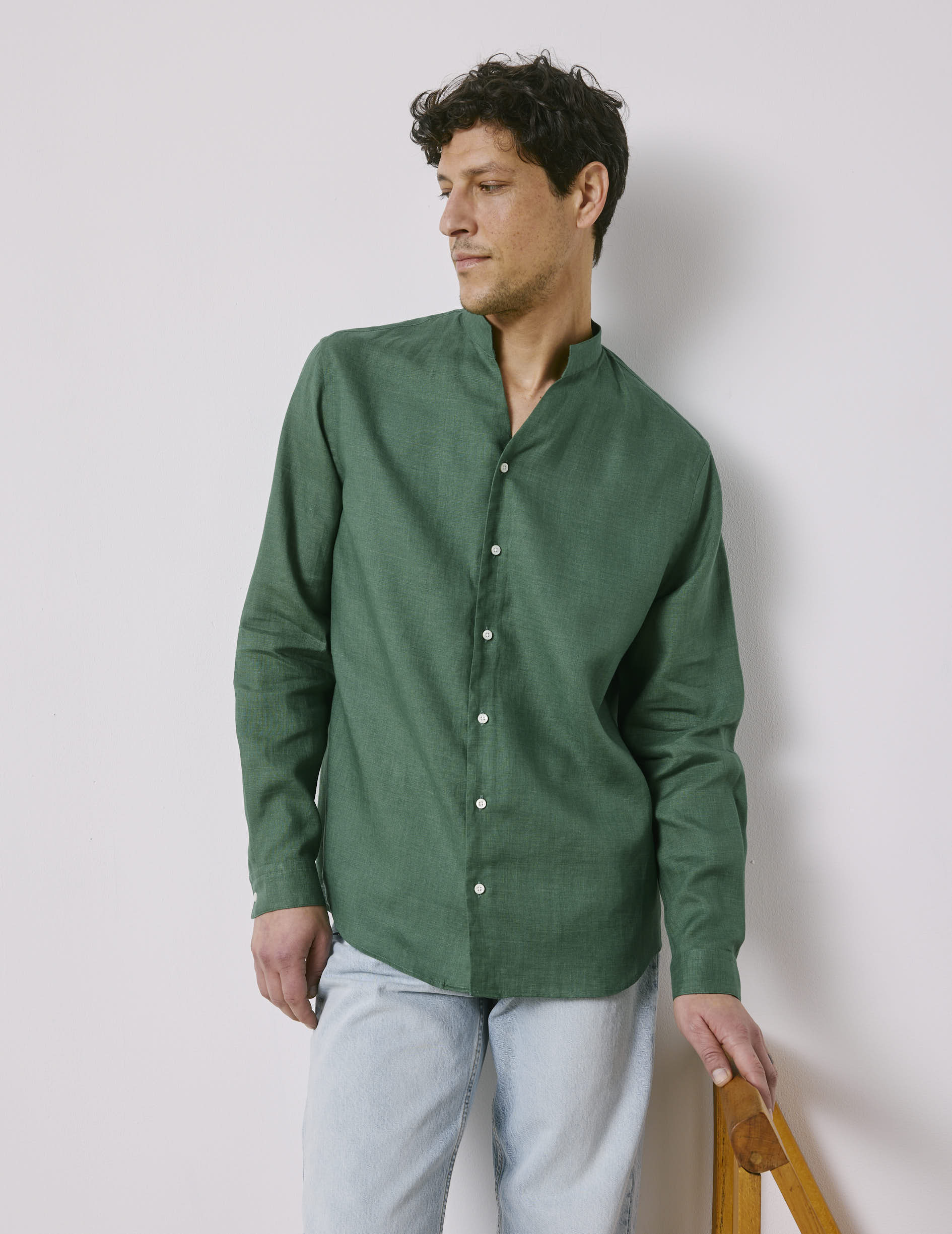 Green linen Carl shirt - Lin - droit ouvert Collar