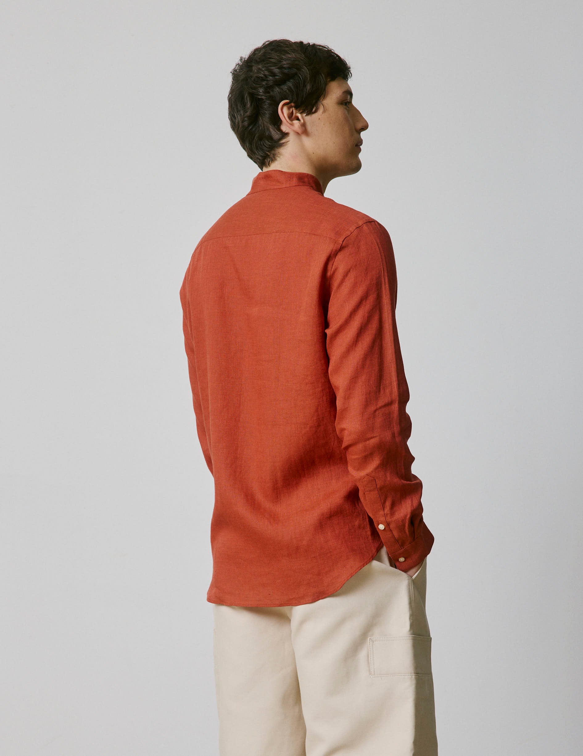Rust linen Carl shirt - Lin - droit ouvert Collar