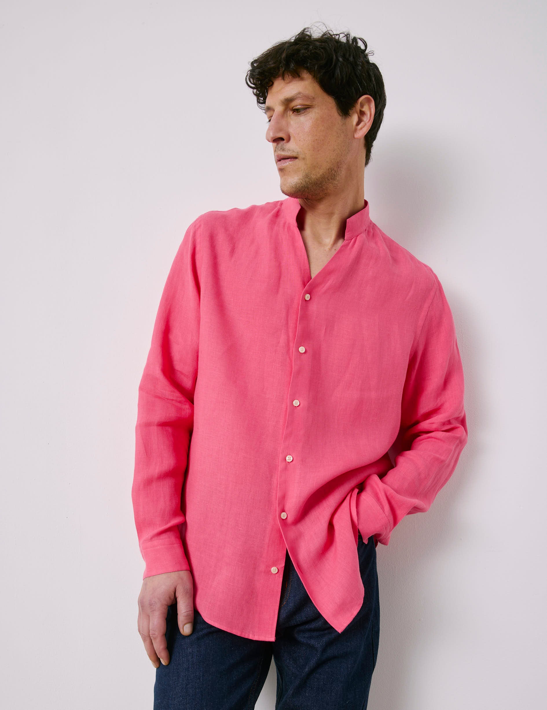 Carl pink linen shirt - Linen - Open straight Collar