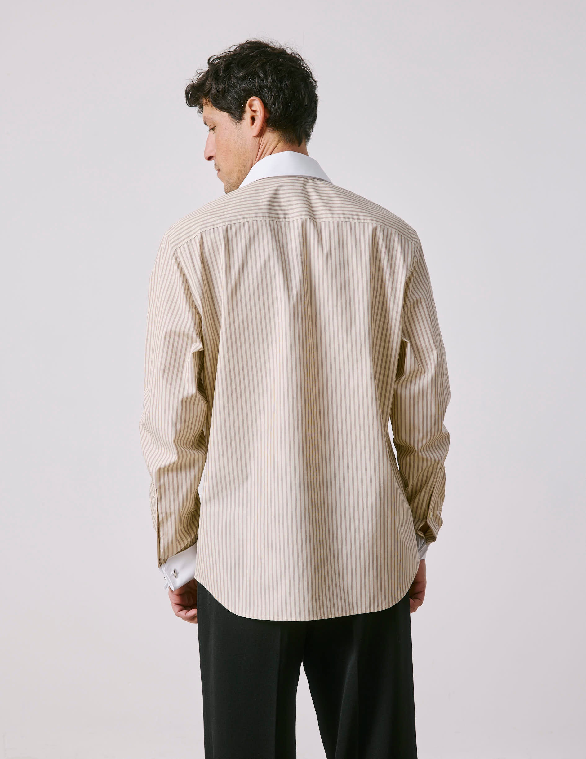 Semi-fitted striped beige shirt - Poplin - Club Collar - French Cuffs