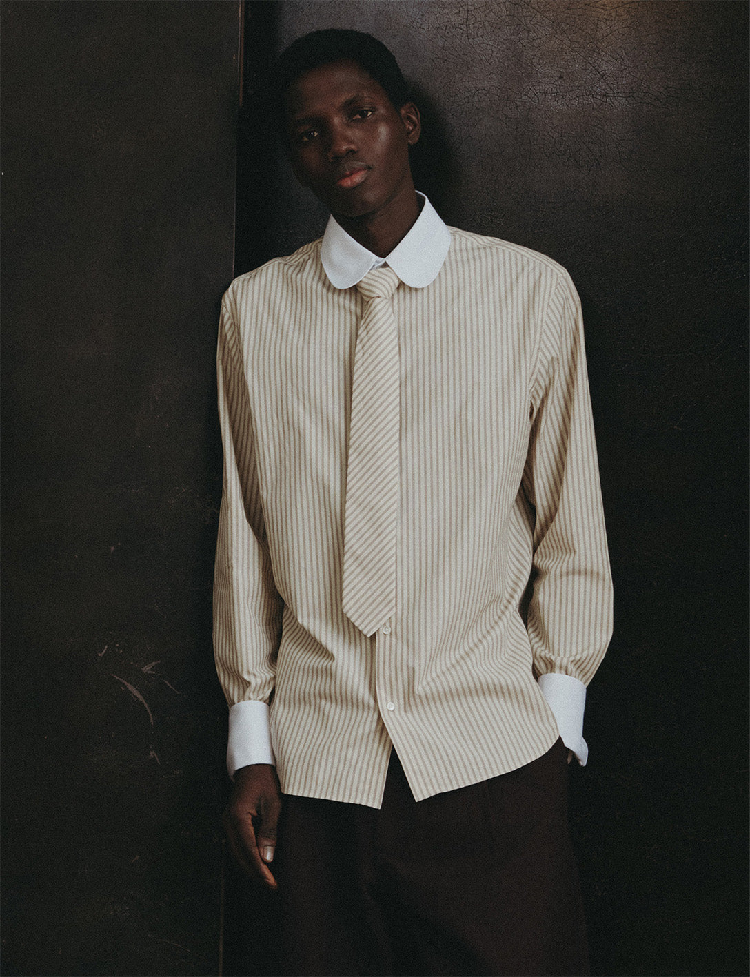 Semi-fitted striped beige shirt - Poplin - Club Collar - French Cuffs