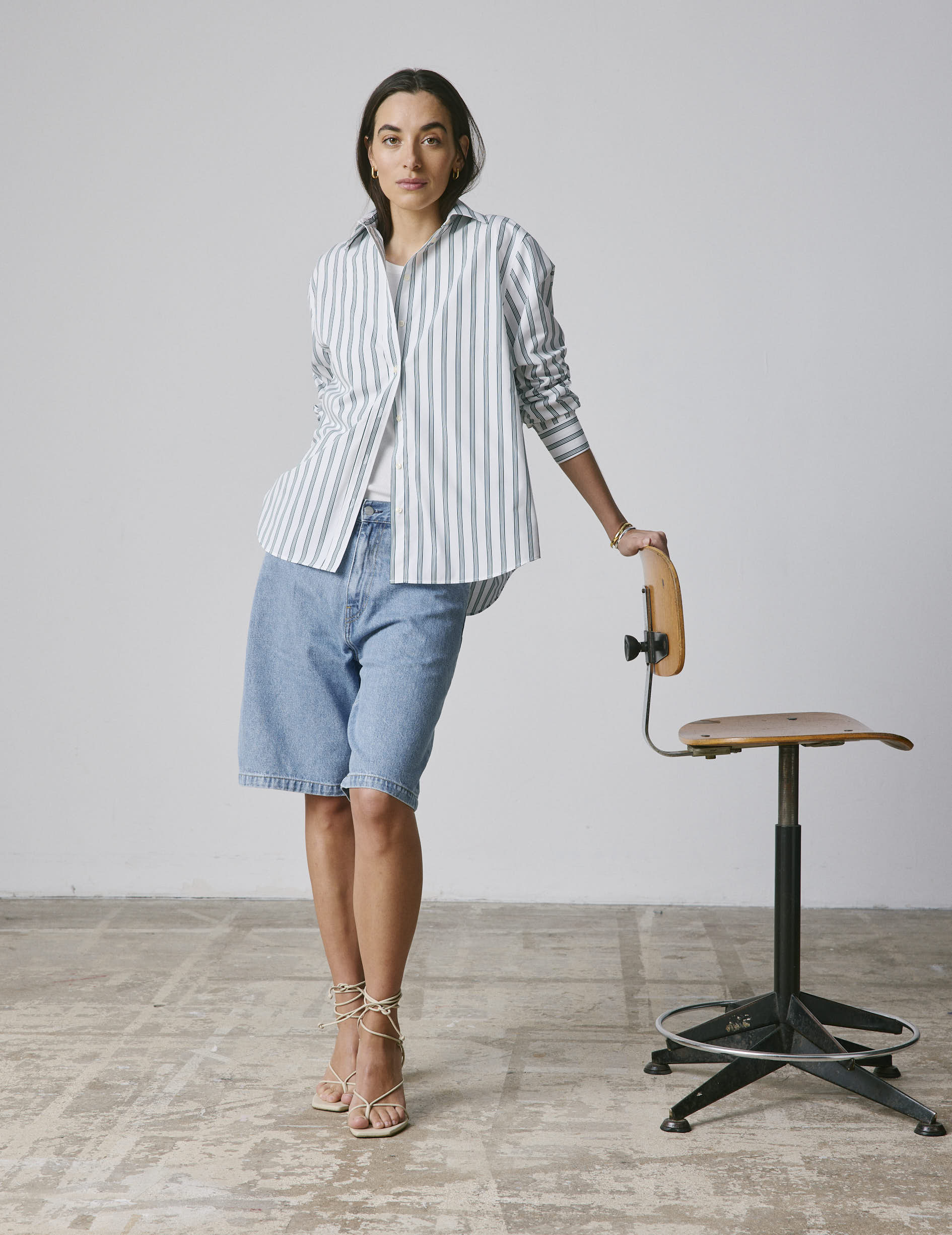 Delina Oversize striped dark green shirt - Poplin - Shirt Collar