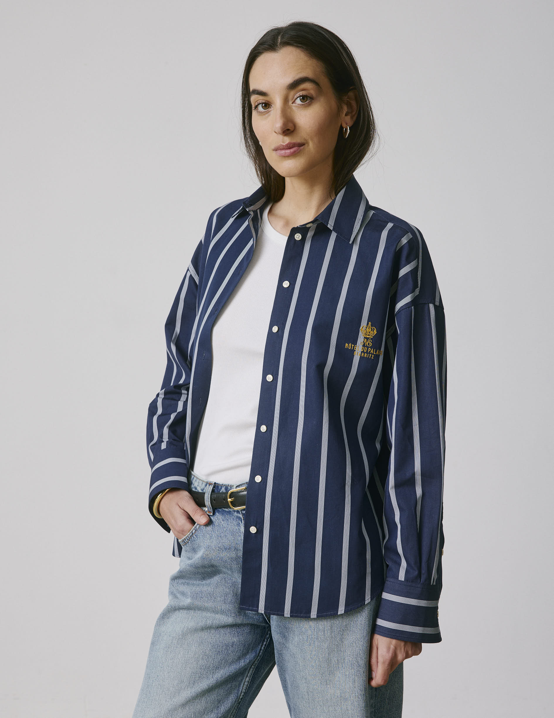 Eugénie oversized navy blue striped shirt - Poplin - Shirt Collar