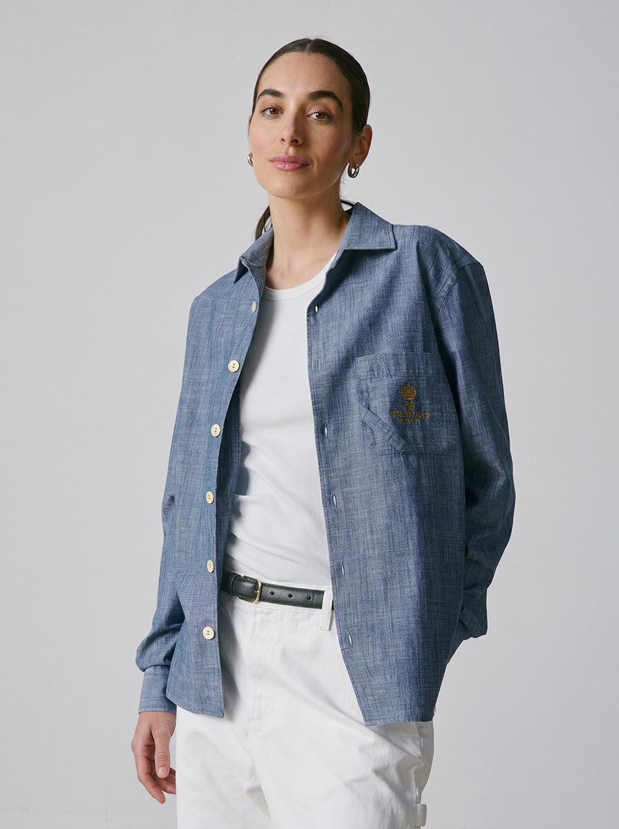 Guéthary Blue unisex shirt - Chambray - Shirt without collar stand Collar