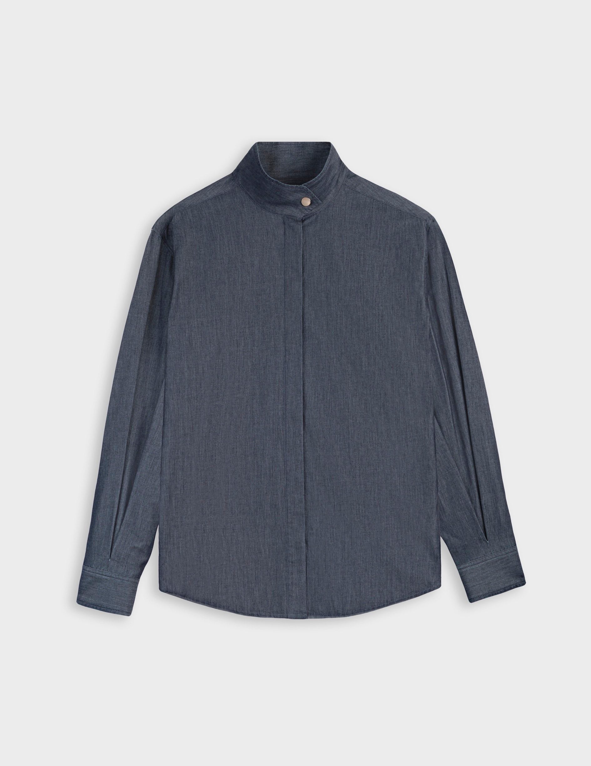 Innaée shirt with hidden button placket in navy denim - Denim - High Collar