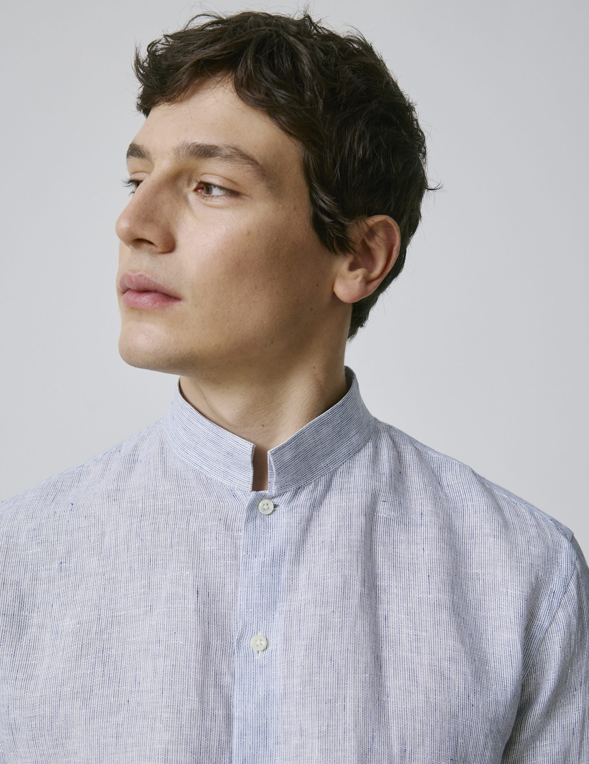 reverse collar dress shirt Striped navy linen semi-fitted shirt
