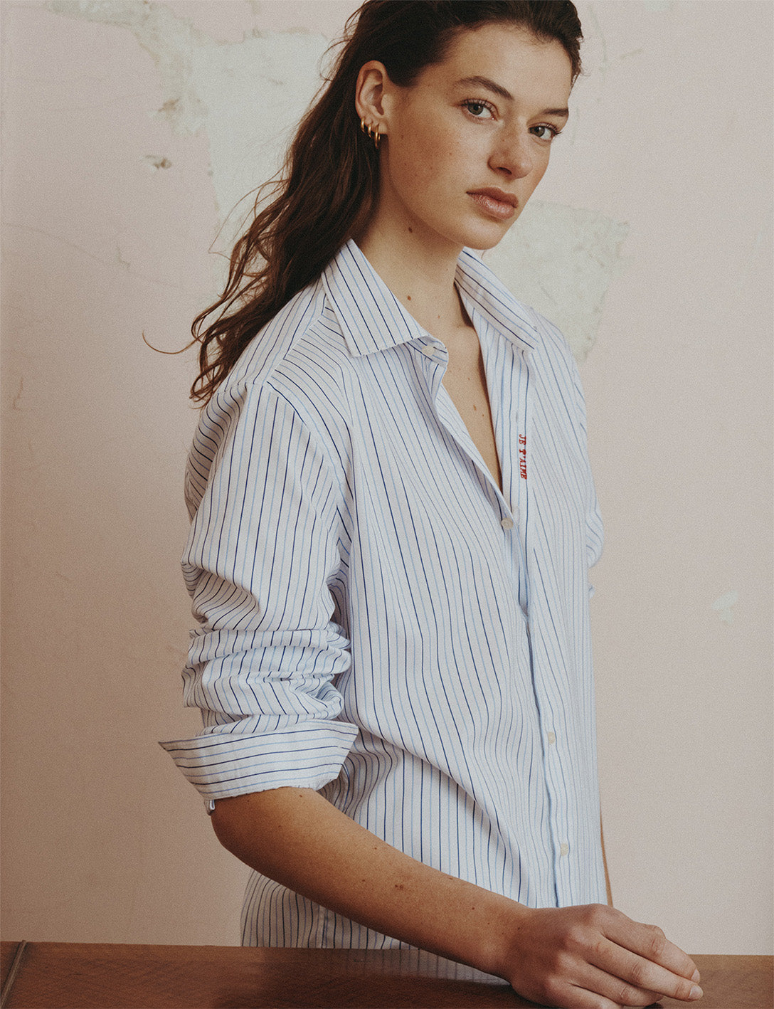 Unisex blue “Je t’aime” shirt - Dobby - Figaret Collar