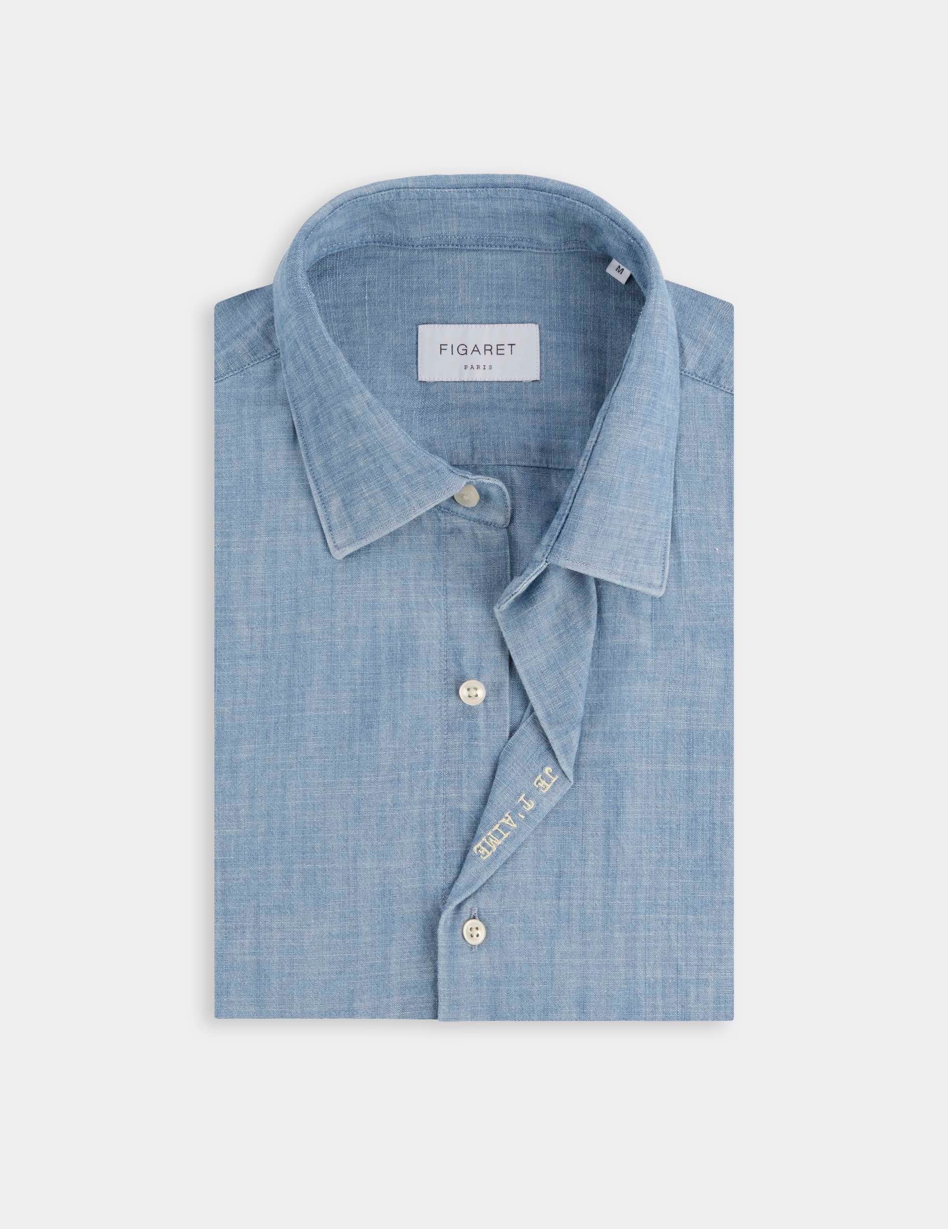 Unisex blue “Je t’aime” shirt - Chambray - Figaret Collar