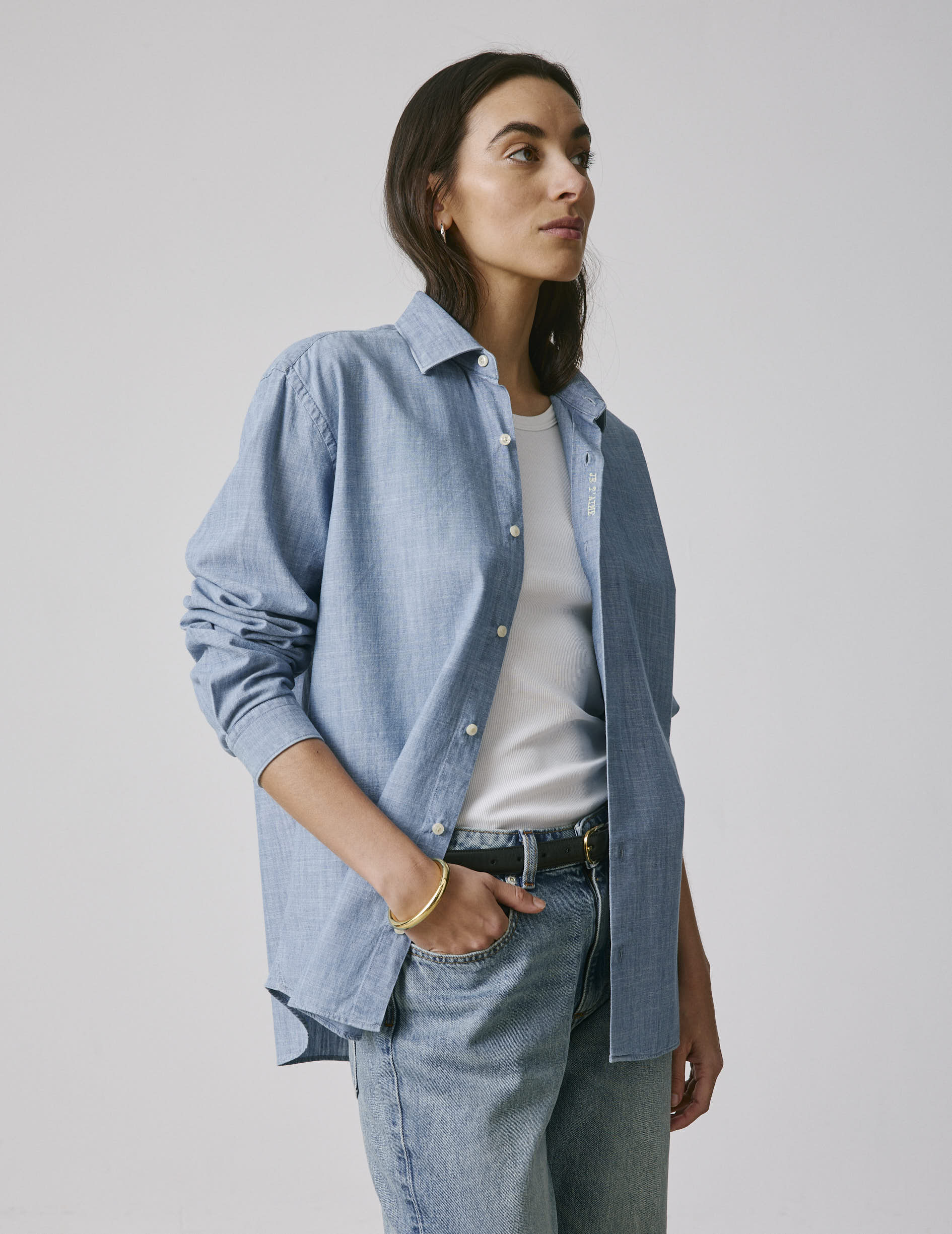 Unisex blue “Je t’aime” shirt - Chambray - Figaret Collar