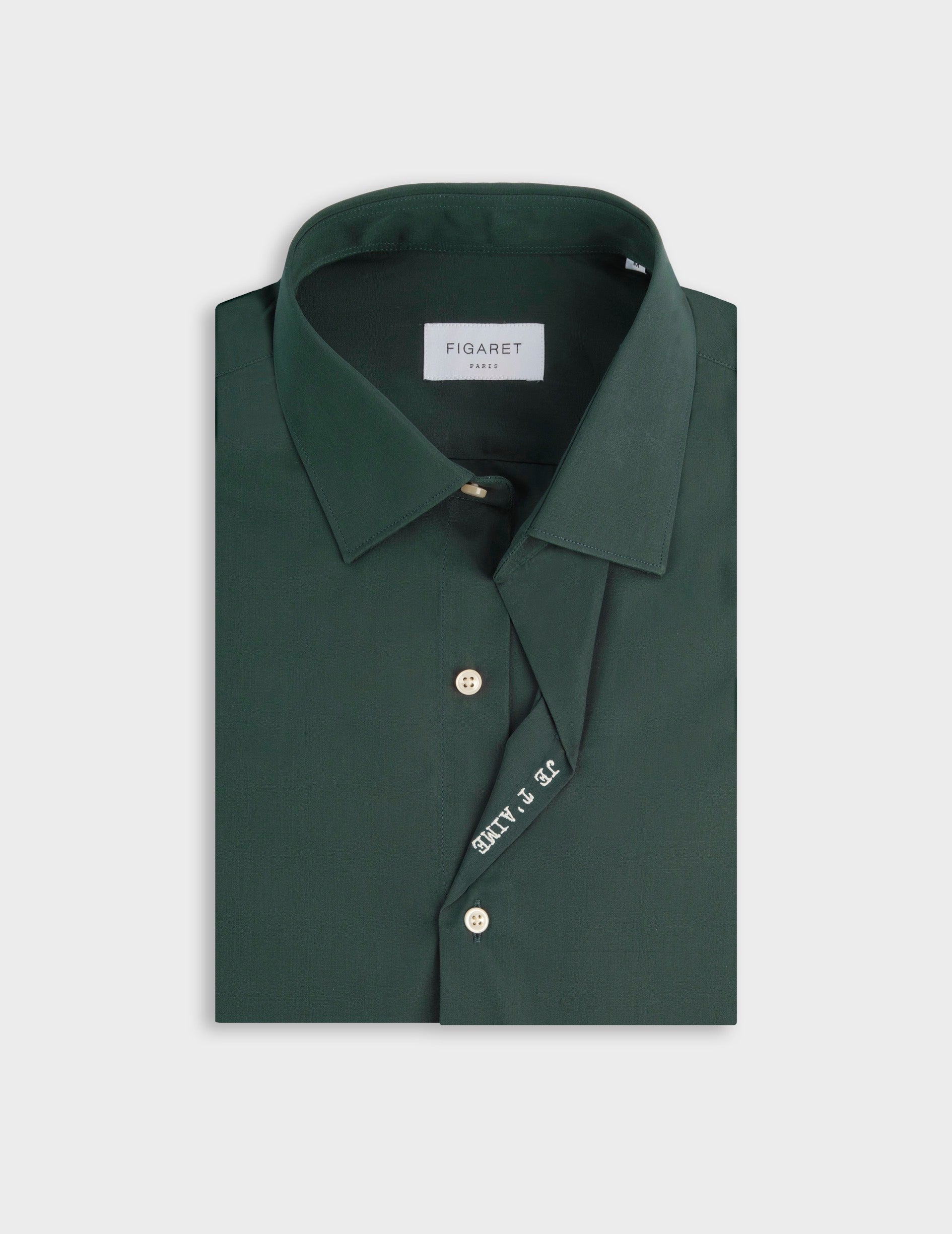 Unisex dark green “Je t’aime” shirt - Poplin - Figaret Collar
