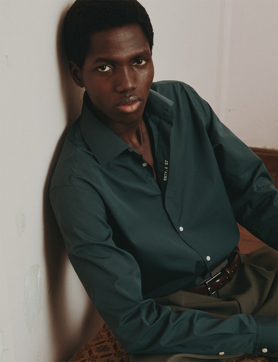 Unisex dark green “Je t’aime” shirt - Poplin - Figaret Collar