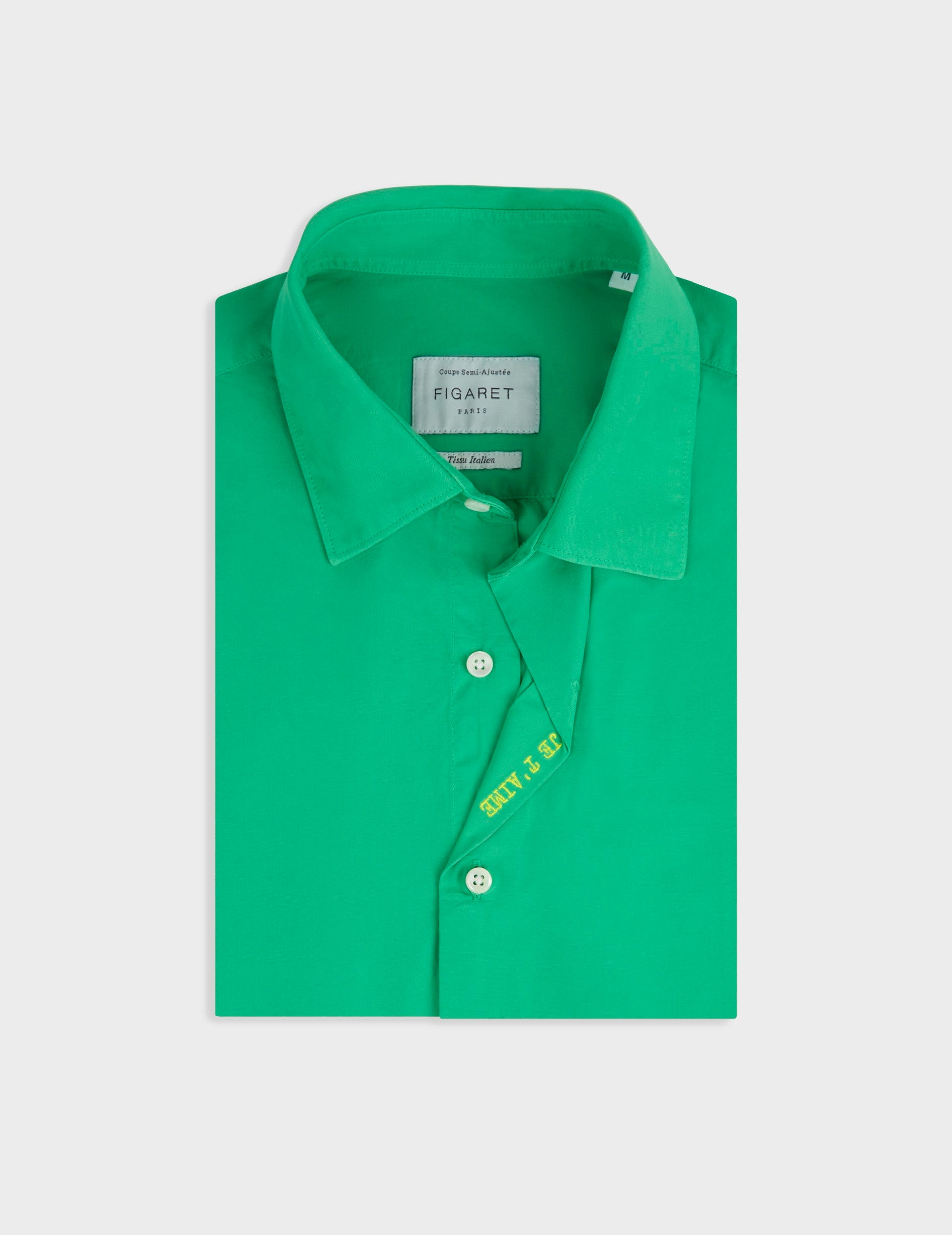 "Je t'aime" unisex green shirt - Poplin - Figaret Collar