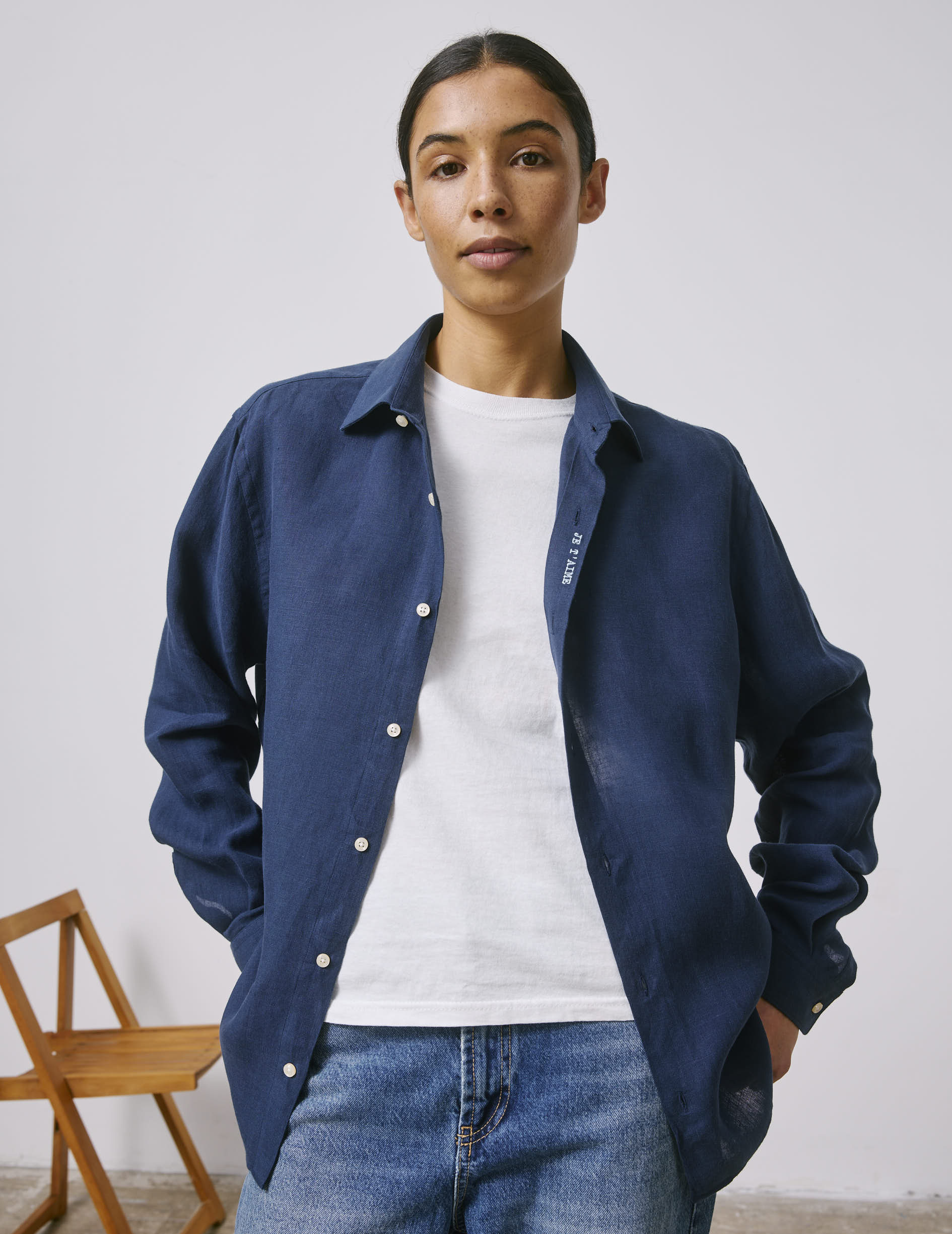 Unisex navy “Je t’aime” shirt - Linen - Figaret Collar