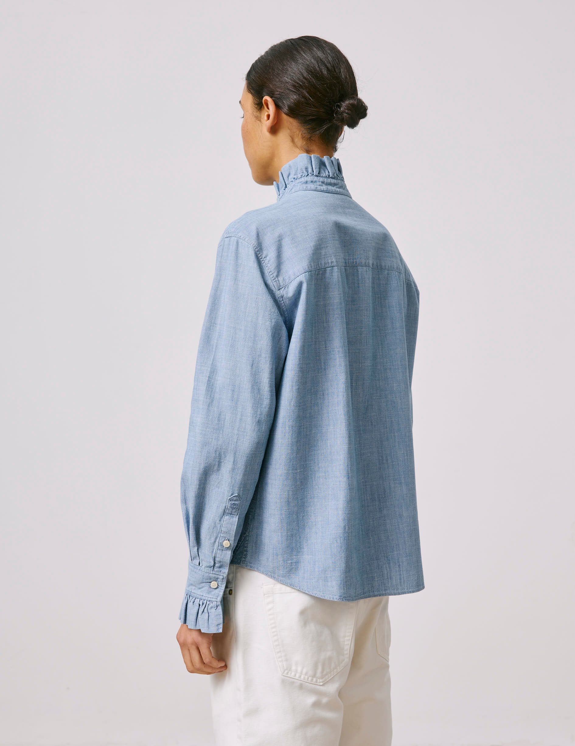 Blue Laurine shirt with hidden button placket - Chambray - Victorien Collar