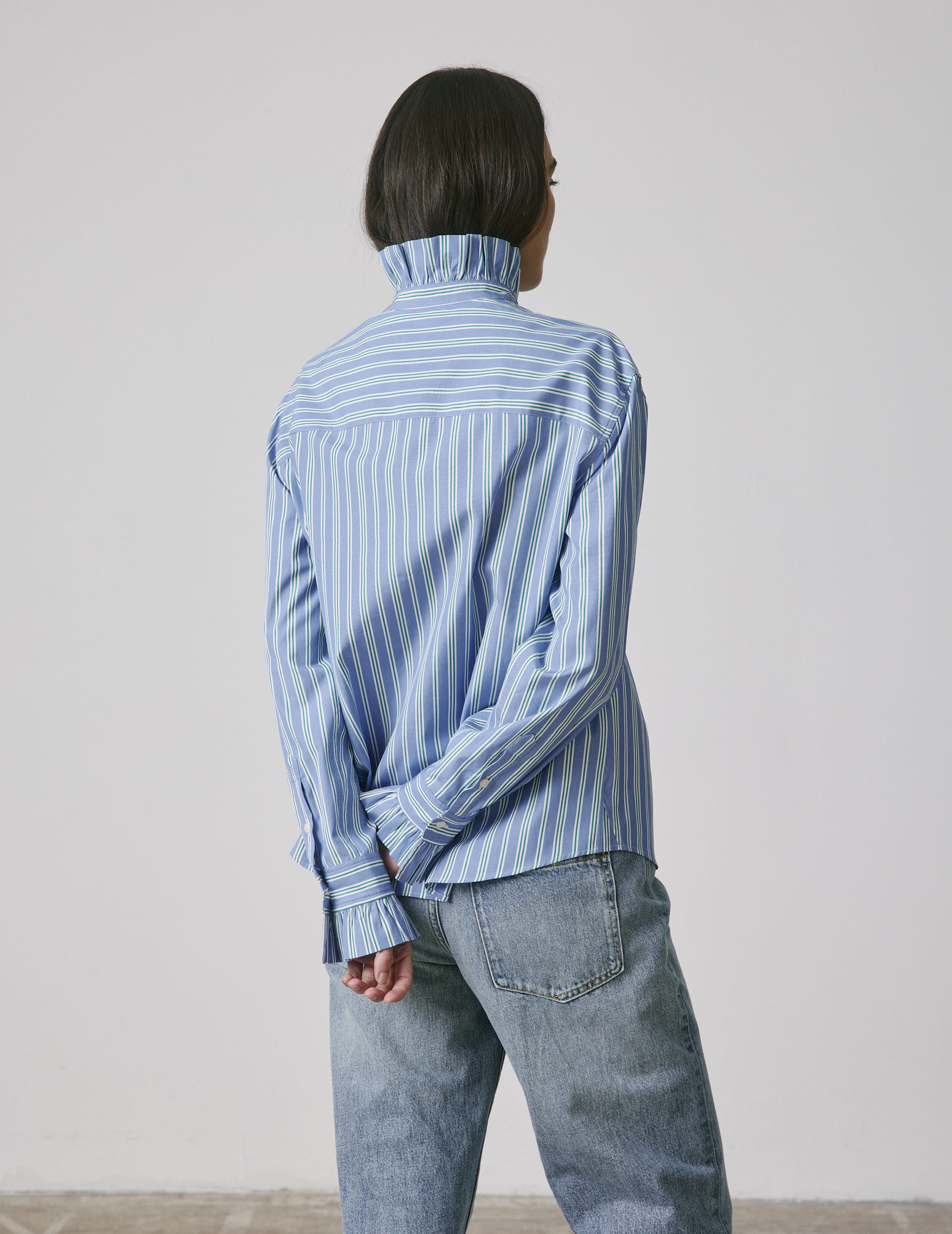 Striped blue Laurine shirt with hidden button placket - Popeline - Victorien Collar