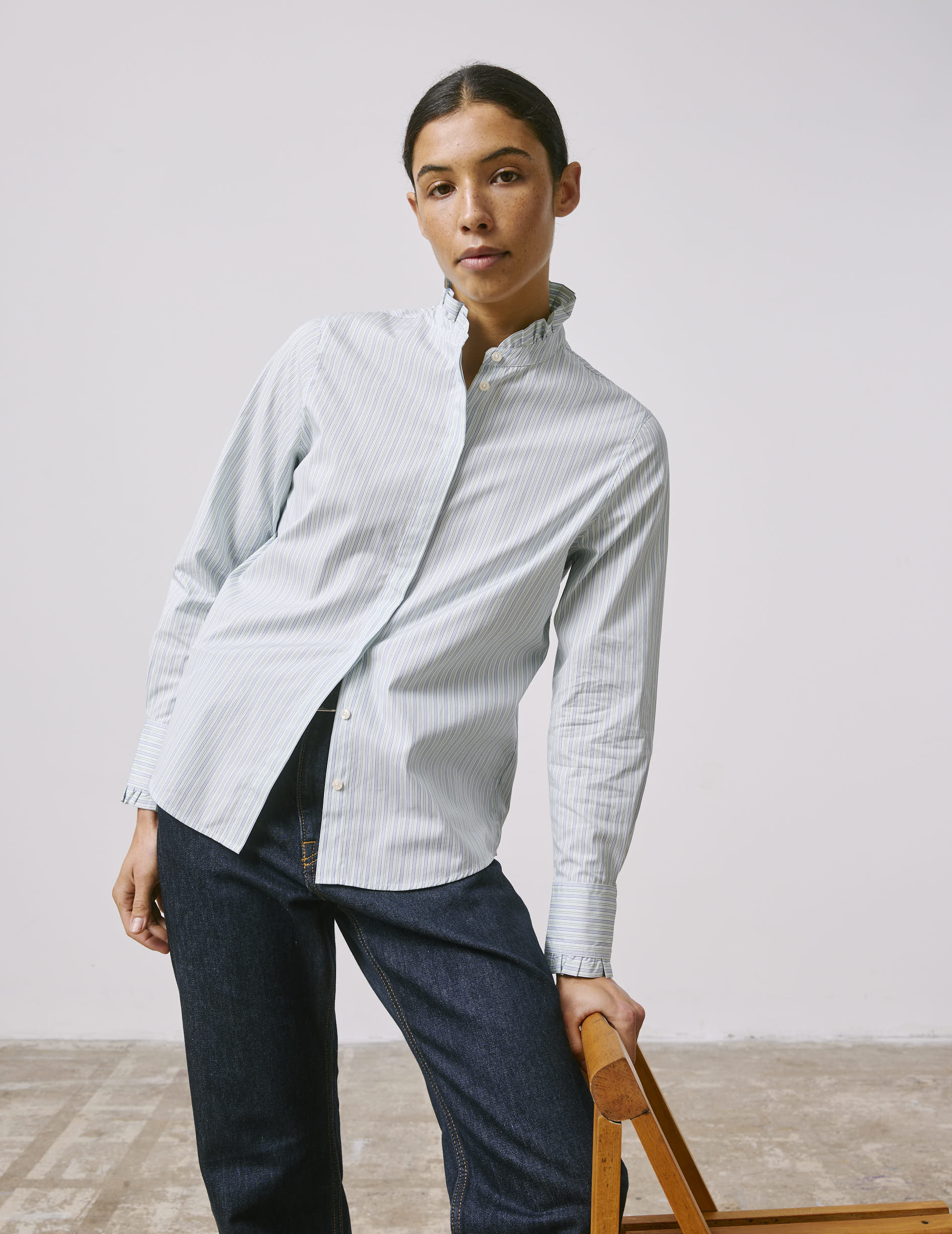 Louison Striped green hidden button placket shirt - Poplin - Victorian Collar