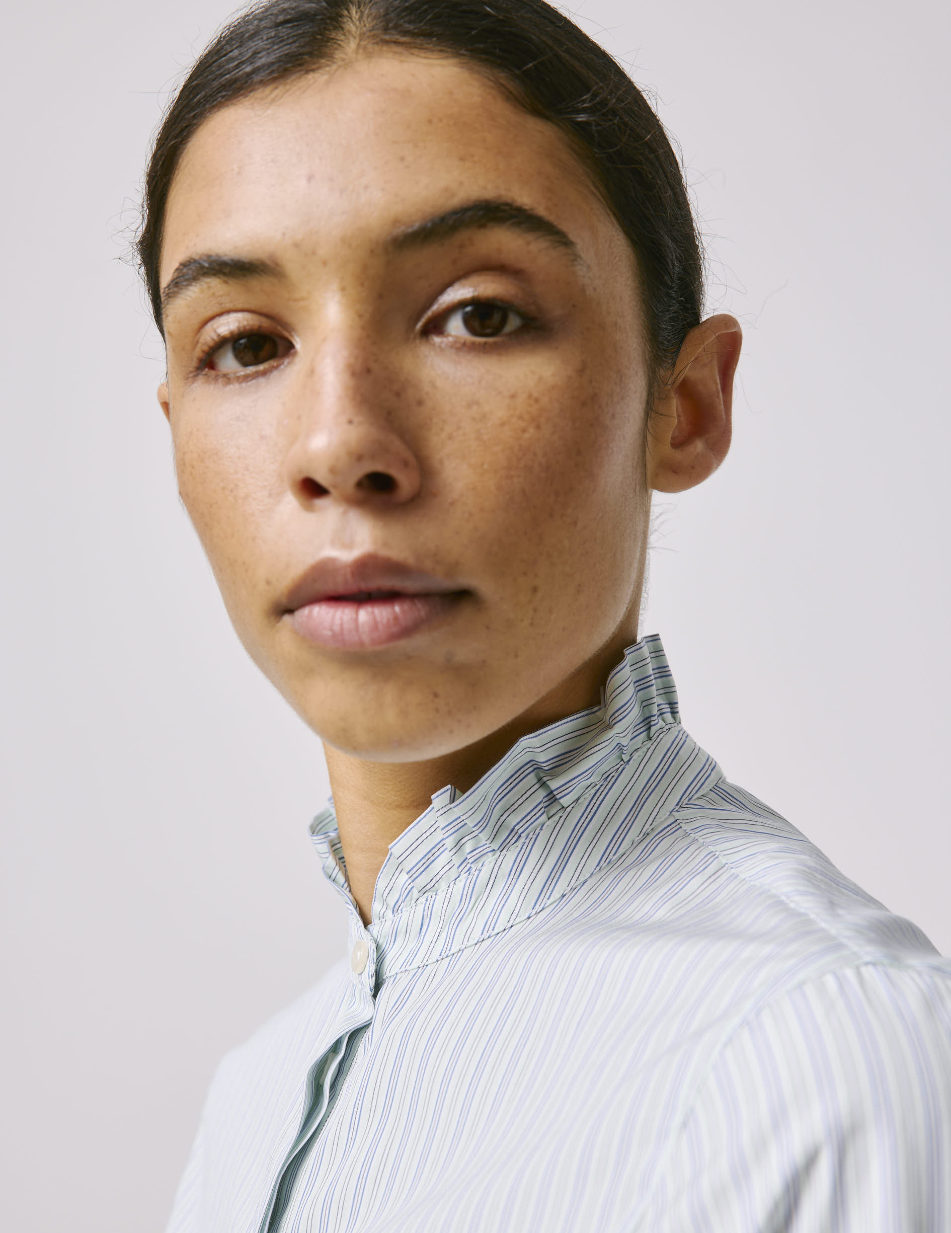 Louison Striped green hidden button placket shirt - Poplin - Victorian Collar