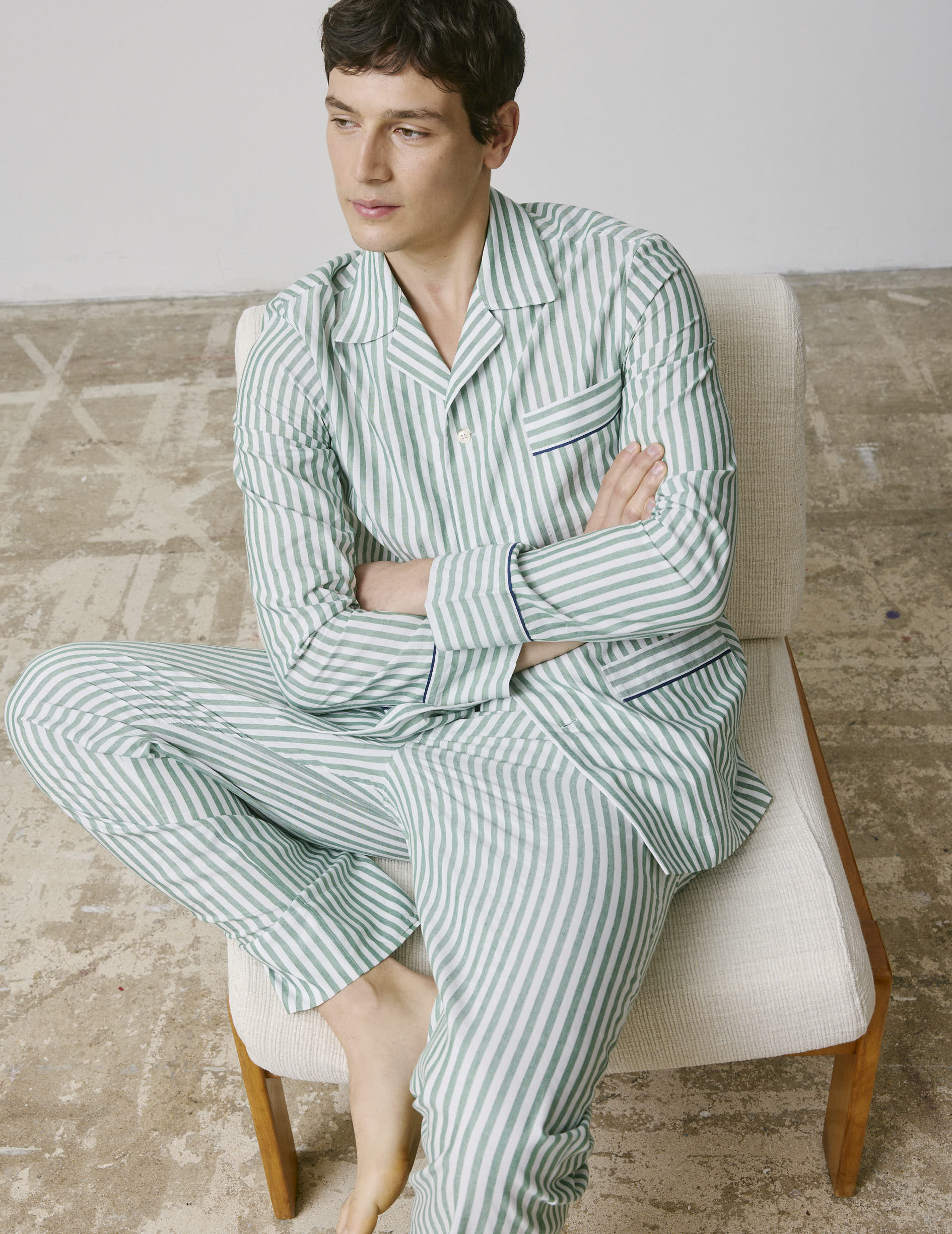 Striped green cotton and linen Louis pajama