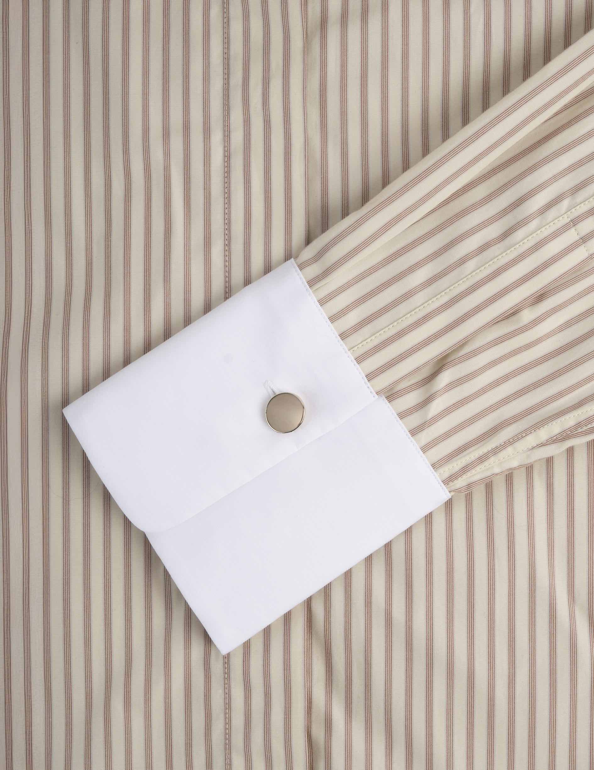 Mathéa beige striped hidden button placket shirt - Poplin - Shirt Collar