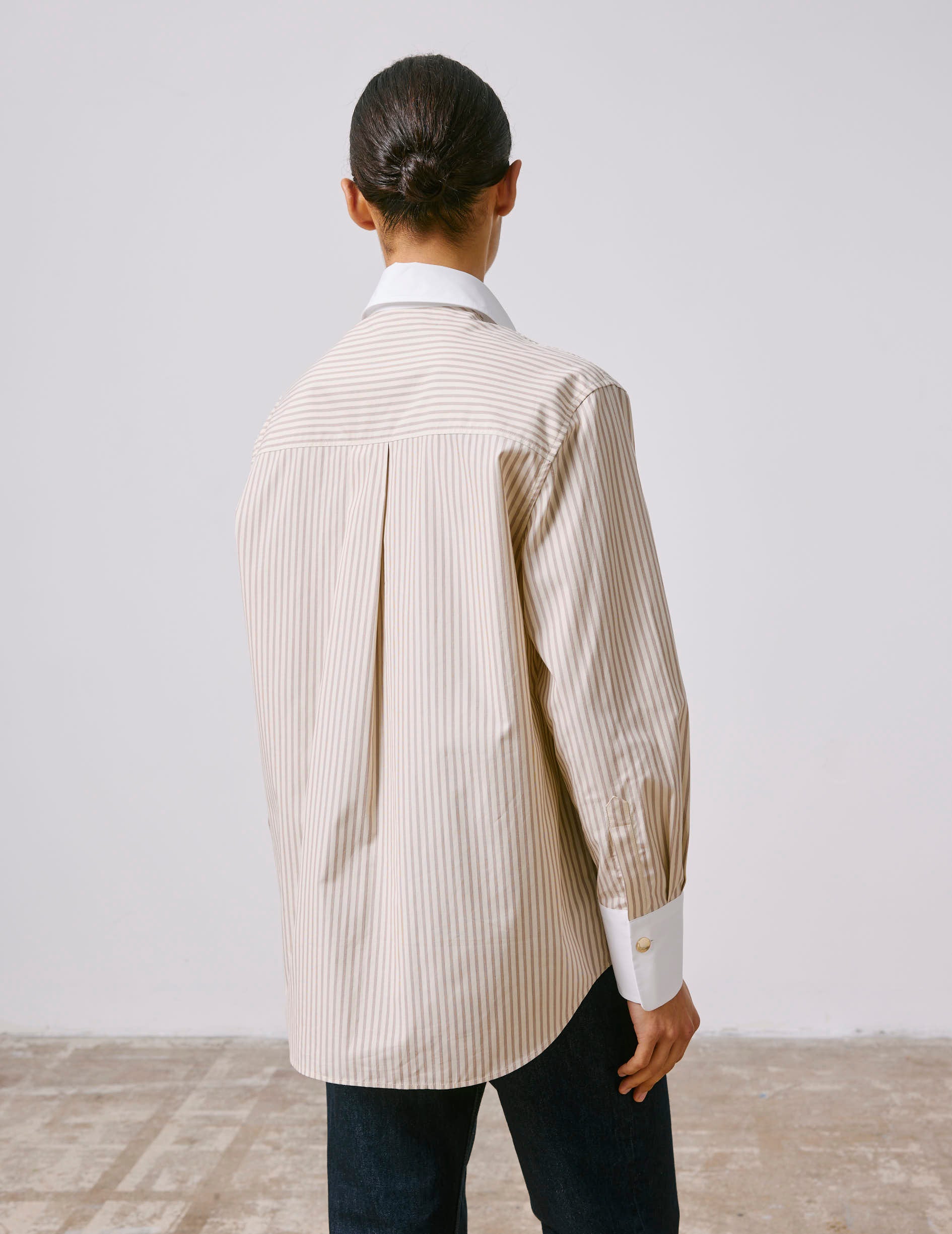 Mathéa beige striped hidden button placket shirt - Poplin - Shirt Collar