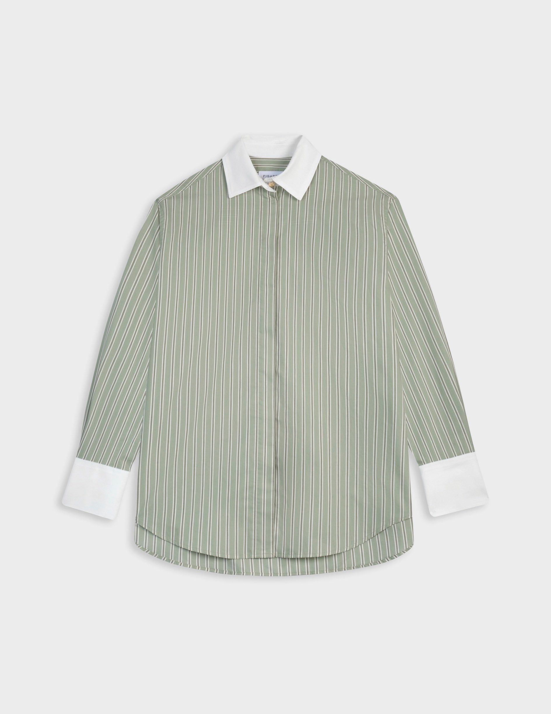 Striped sage Mathéa shirt with hidden button placket - cotton voile - Shirt Collar