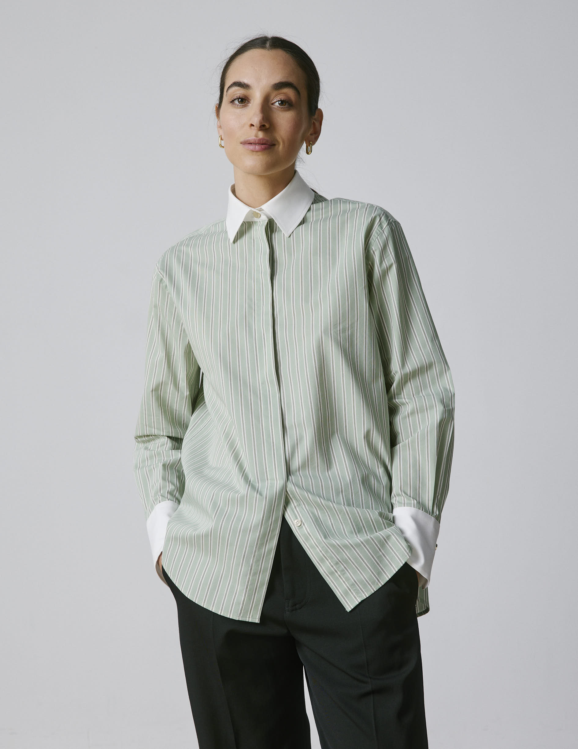 Striped sage Mathéa shirt with hidden button placket - cotton voile - Shirt Collar