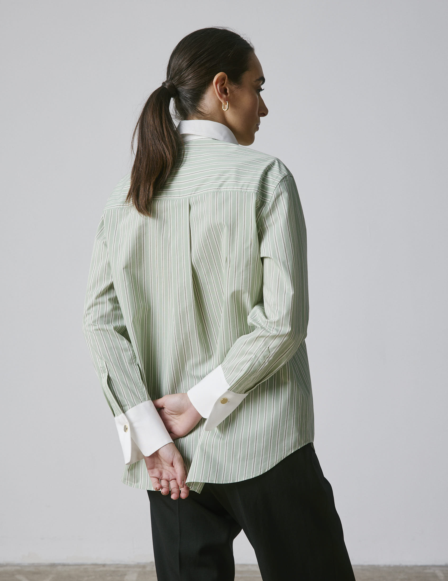 Striped sage Mathéa shirt with hidden button placket - cotton voile - Shirt Collar