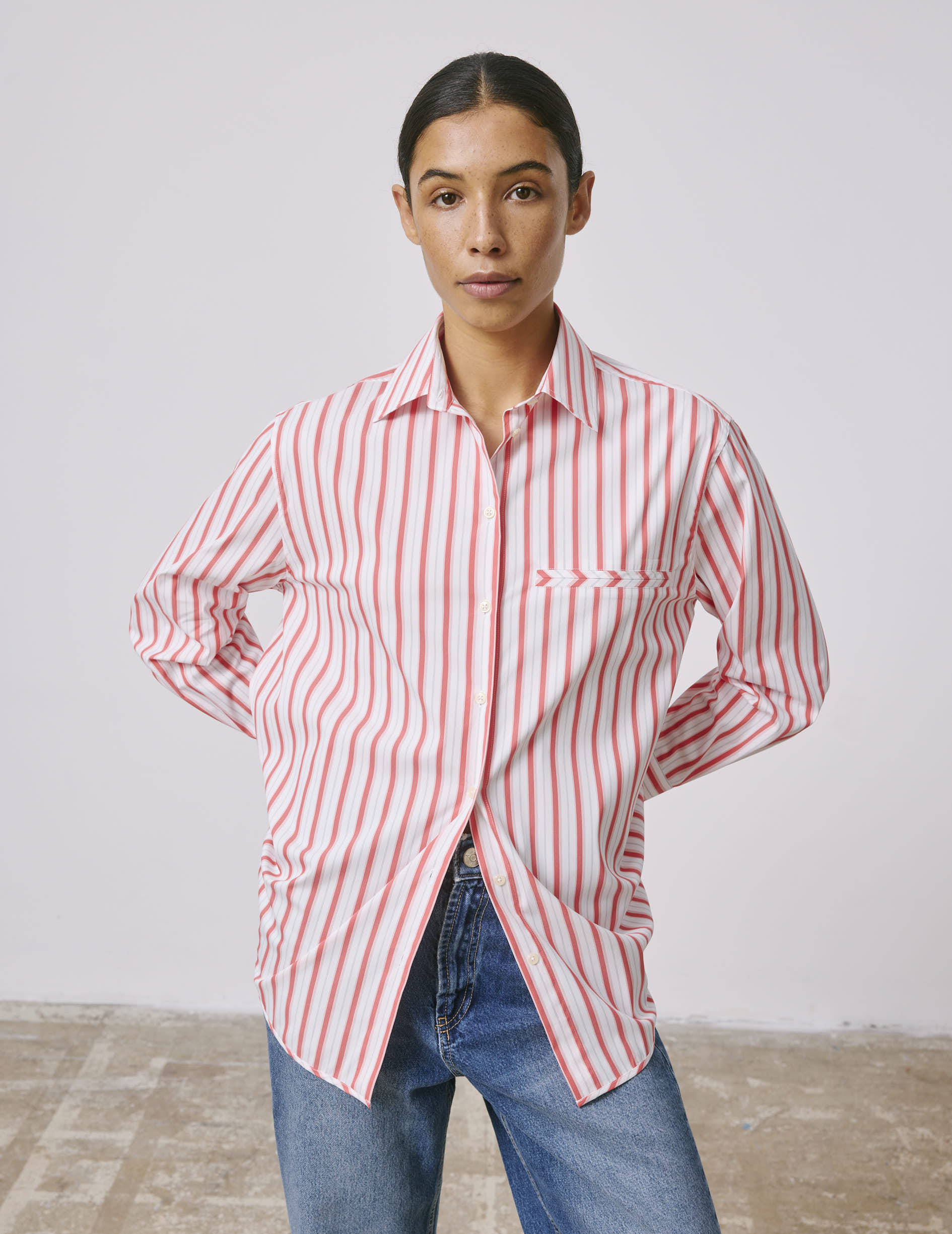 Striped coral Nesrine shirt - Poplin - Shirt Collar