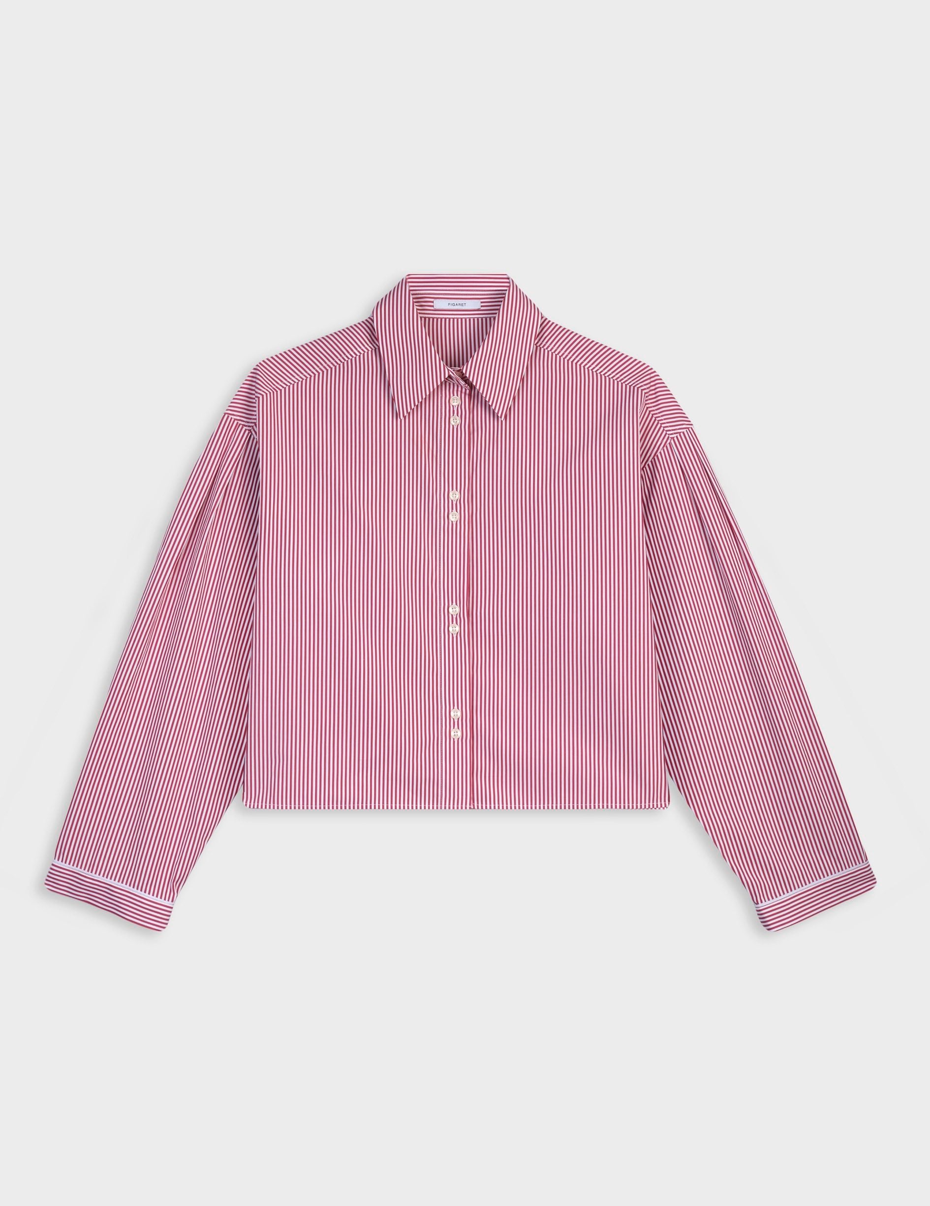 Cropped striped burgundy Ninon shirt - Poplin - Shirt Collar