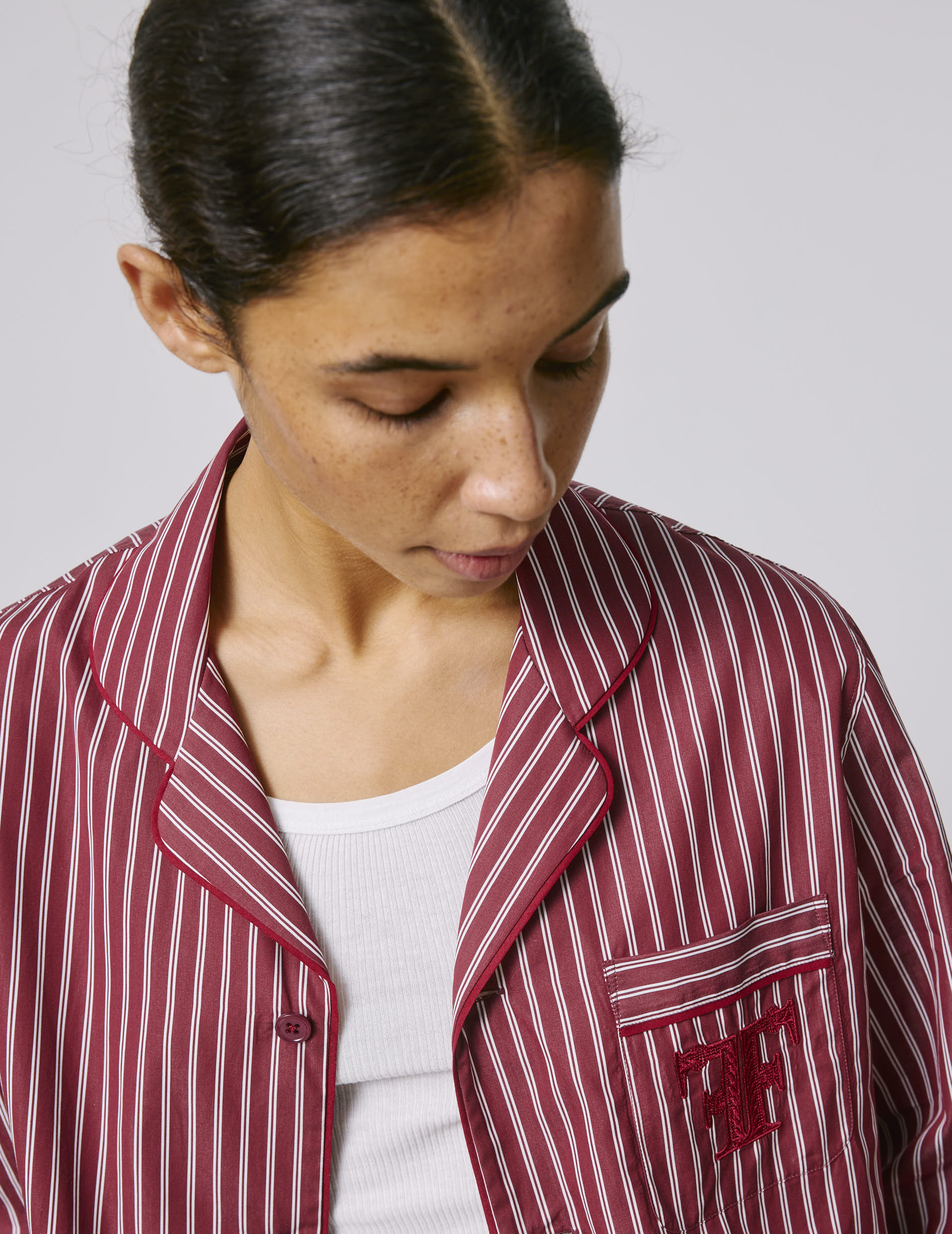Striped burgundy Nocturne pajama top - Poplin - Pyjamas Collar