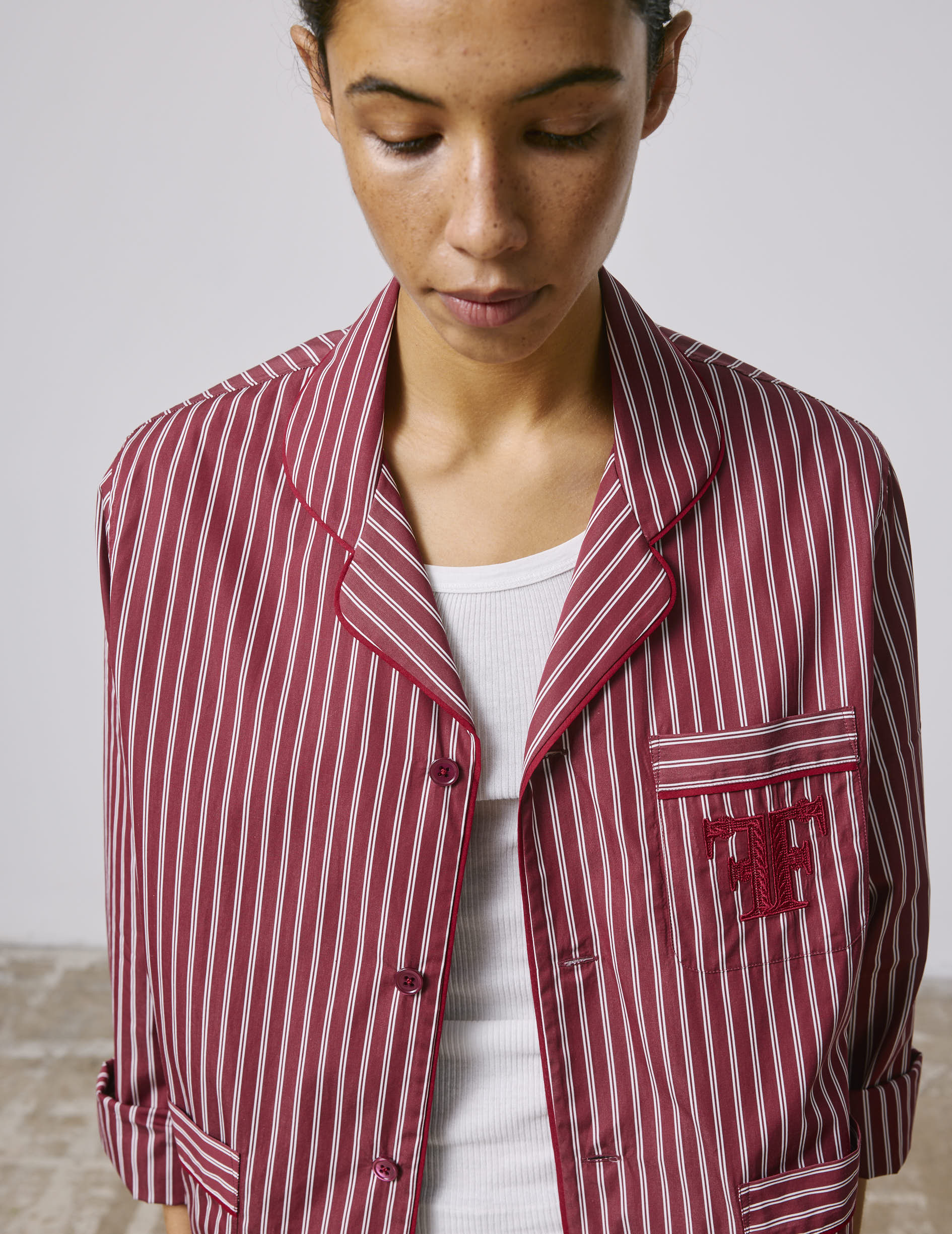 Striped burgundy Nocturne pajama top - Poplin - Pyjamas Collar