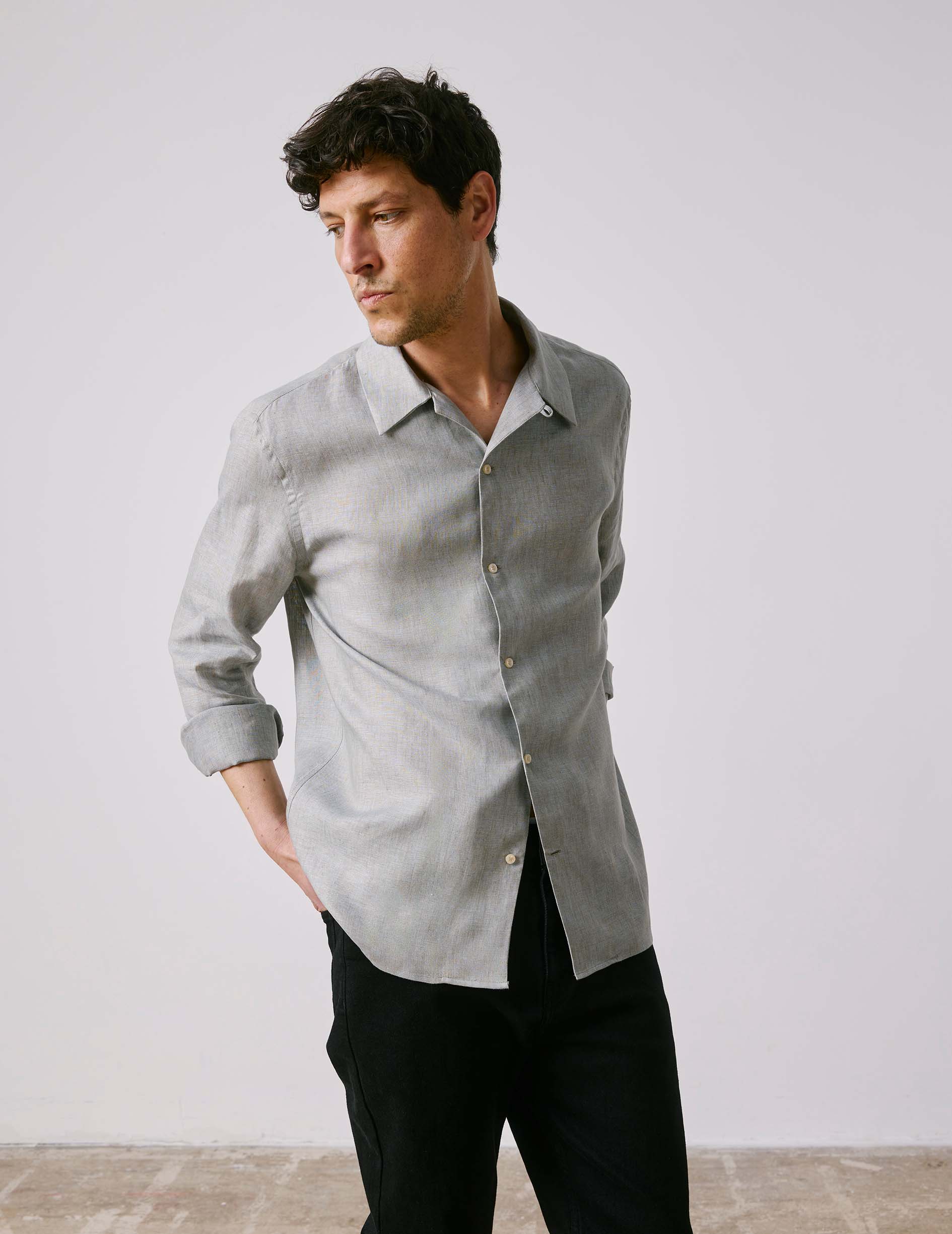 Light grey linen Nylan shirt - Lin - Cubain avec bride Collar