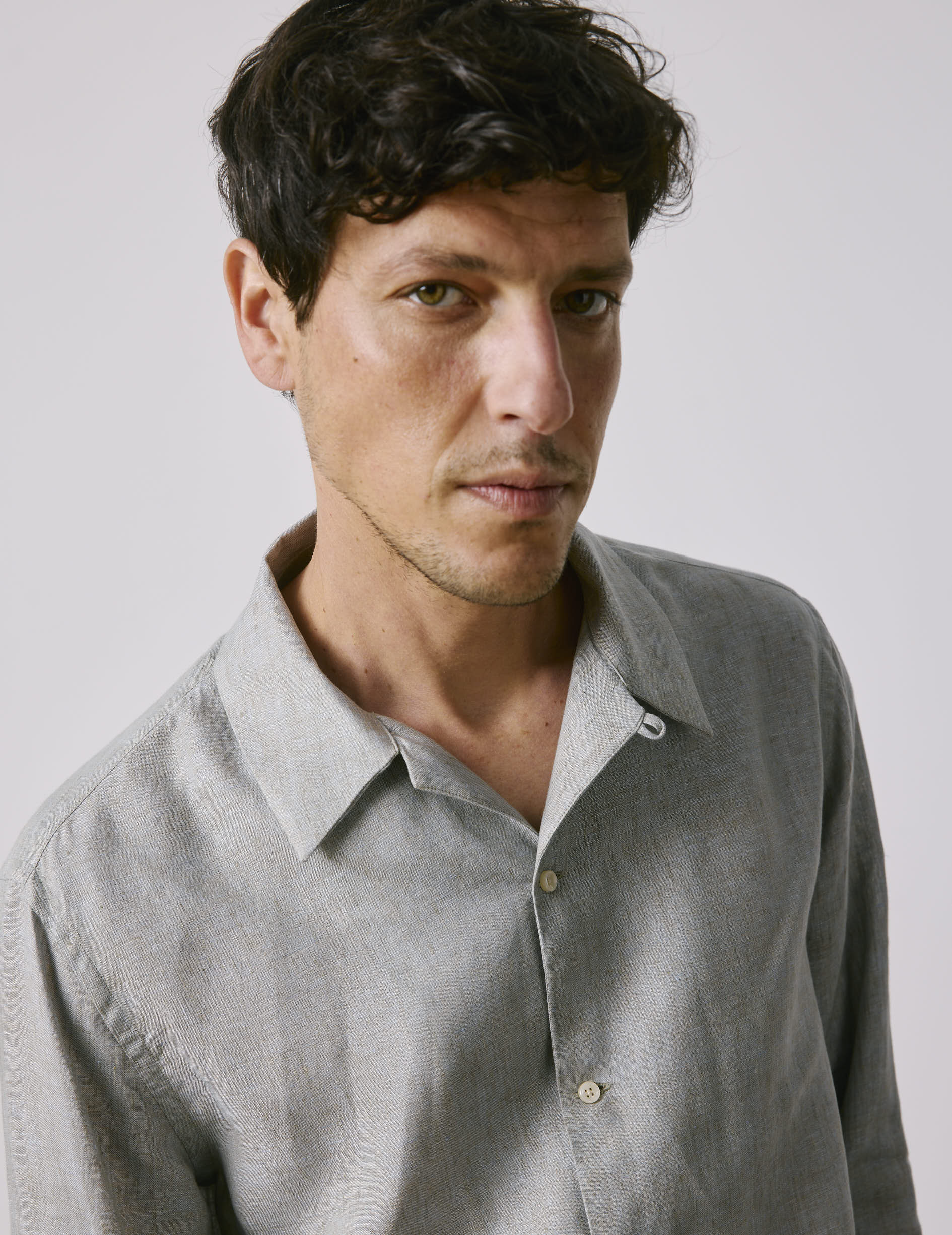 Light grey linen Nylan shirt - Lin - Cubain avec bride Collar