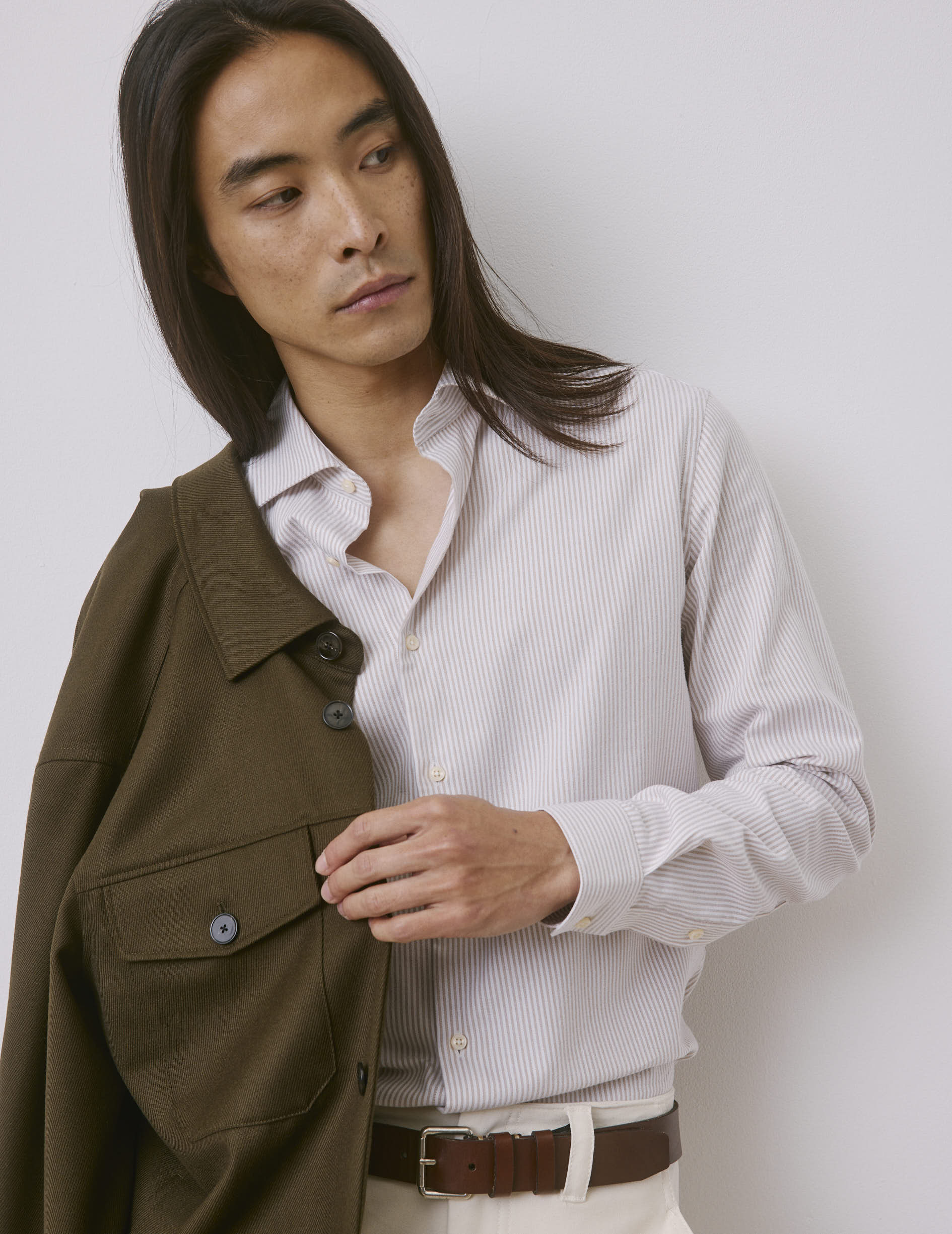 Beige striped Aristote shirt - Oxford - Italian Collar