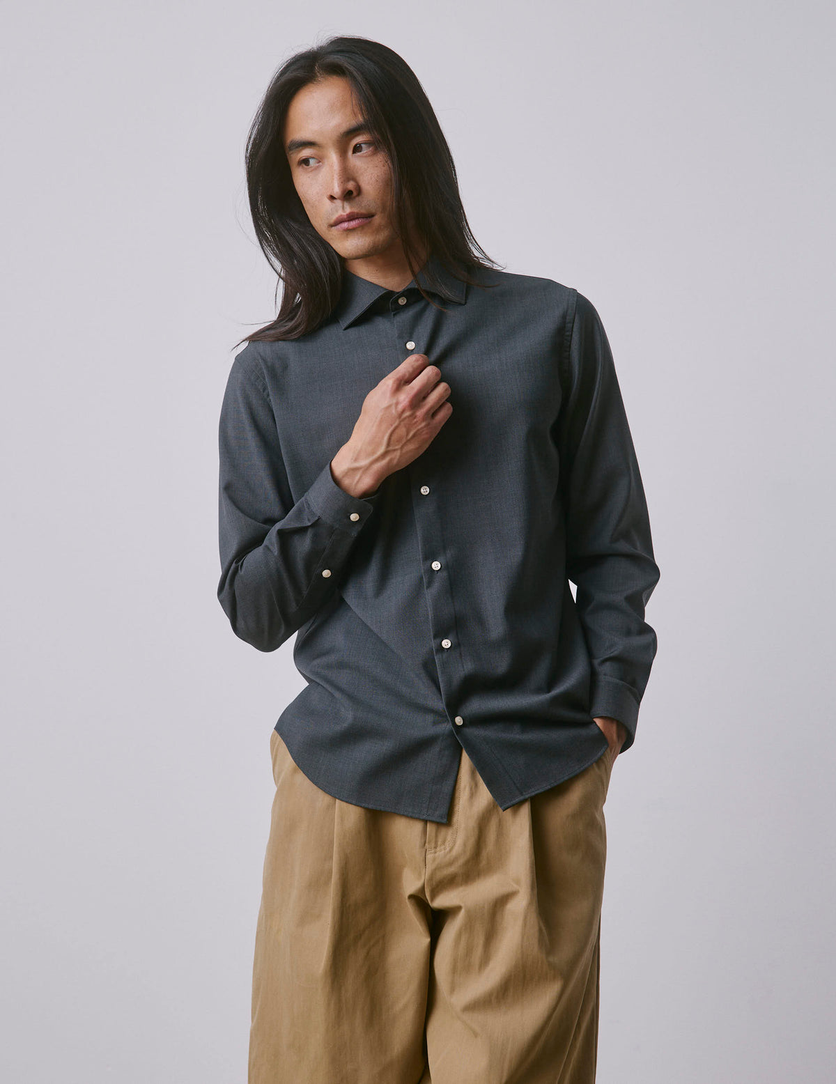 Grey virgin wool Aristote shirt - Wool - Italian Collar