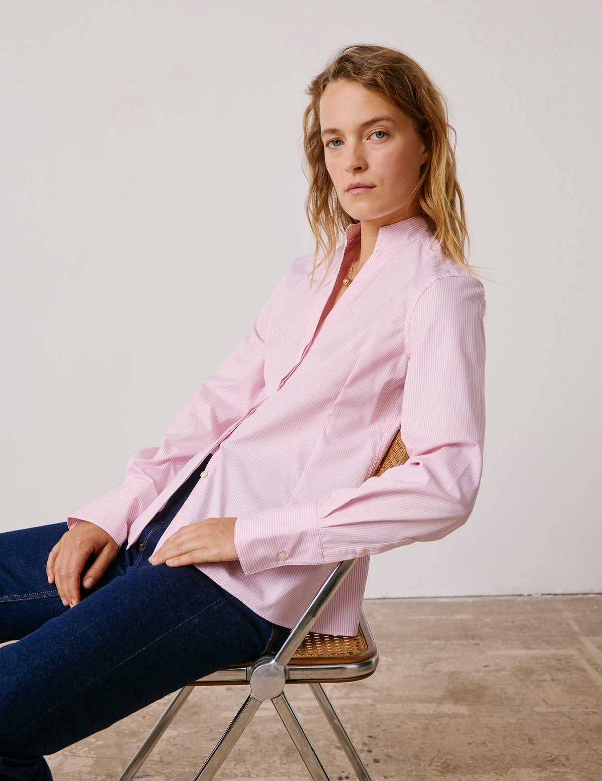 Pink striped Carlita shirt - Poplin - Open right Collar