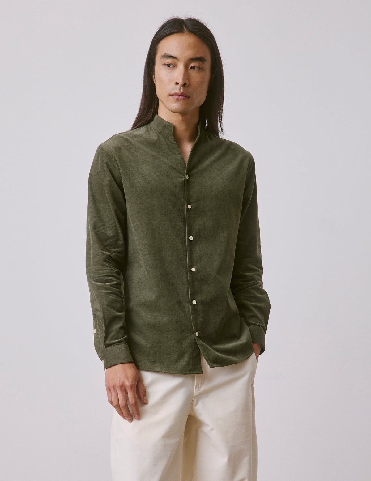 Khaki velvet Carl shirt - Velvet - Carl Collar